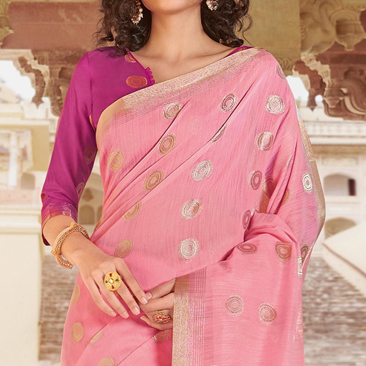Dazzling Pink Colored Festive Wear Woven Linen Cotton Saree With Tassels - Peachmode