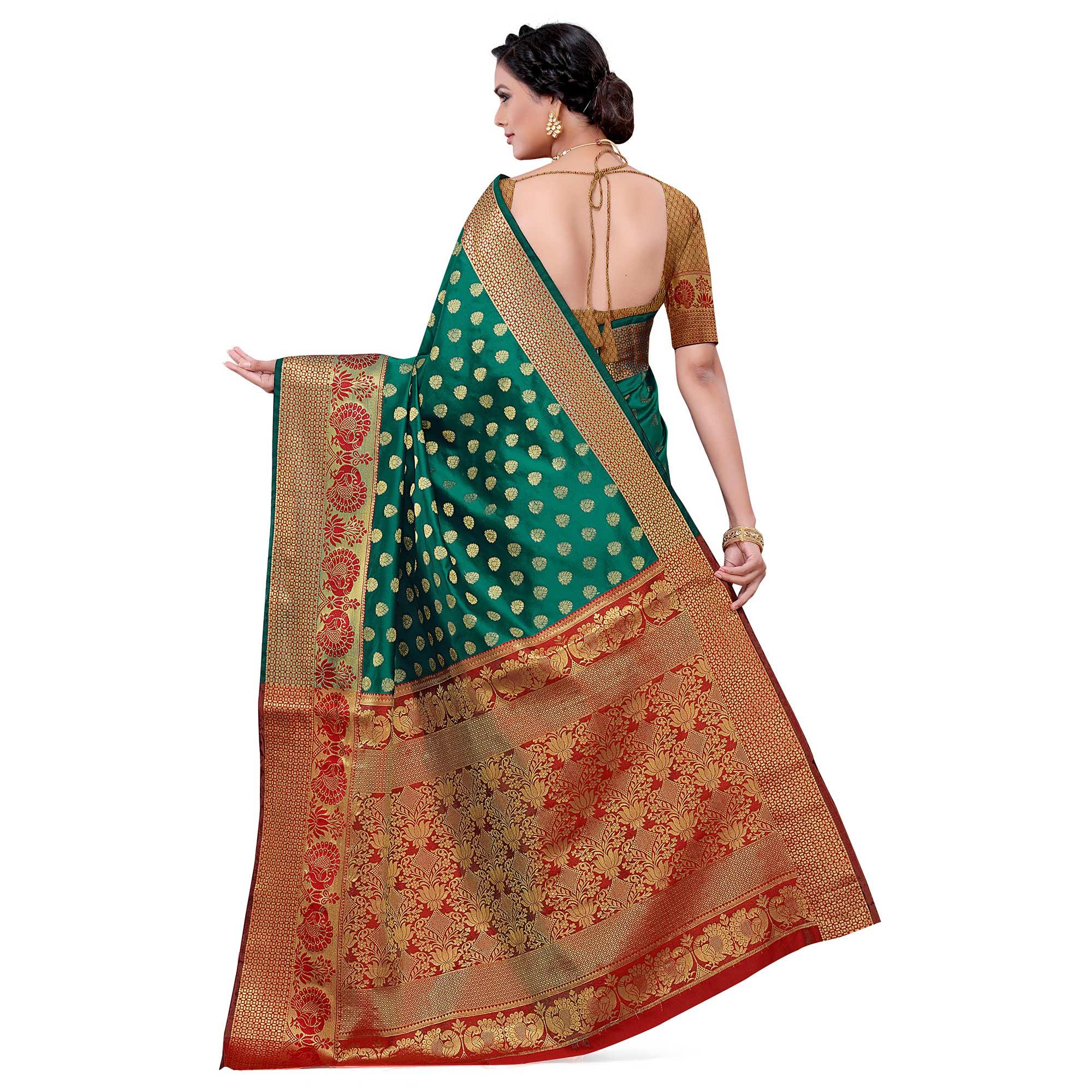 Dazzling Rama Green Colored Festive Wear Woven Kota Art Silk Banarasi Saree - Peachmode