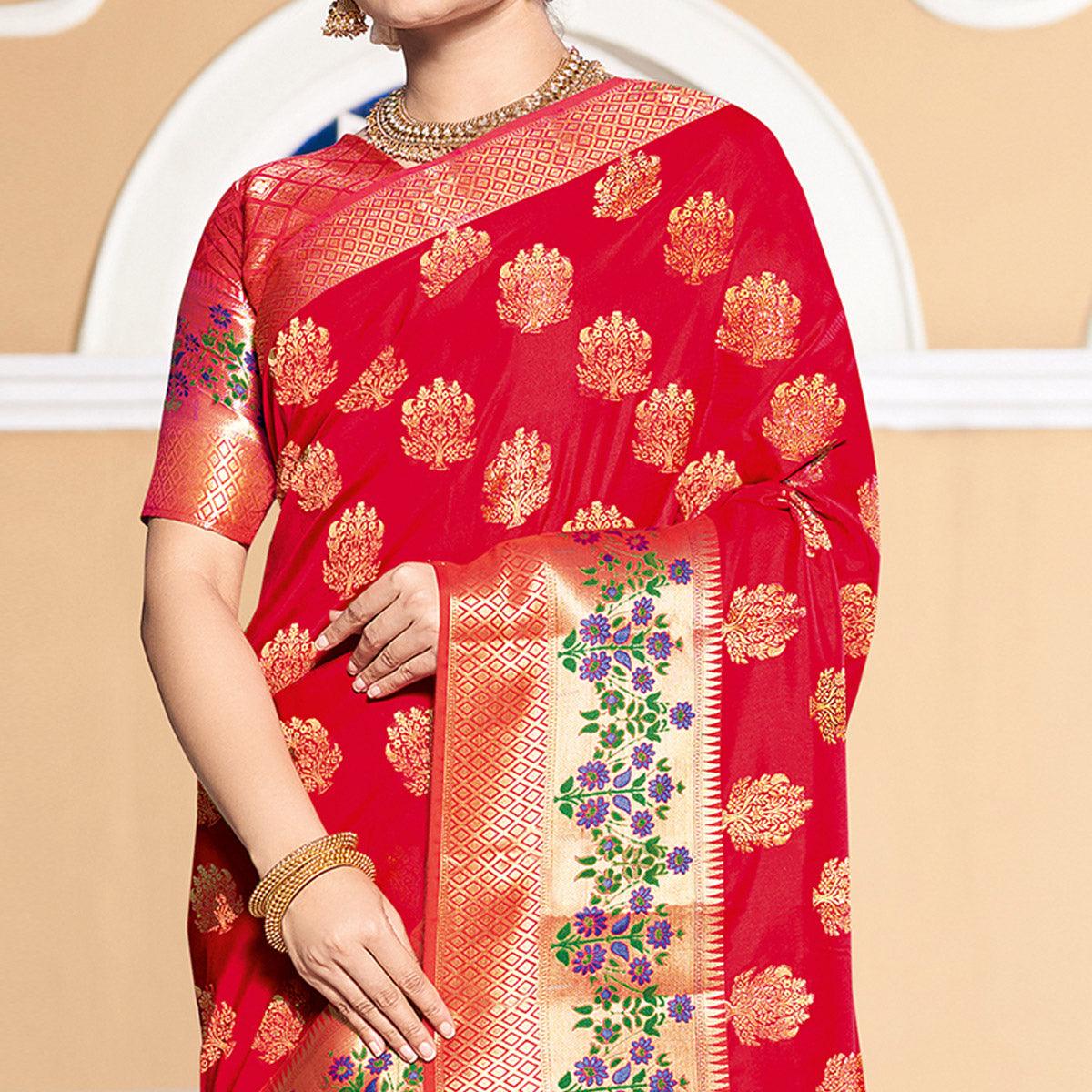 Dazzling Red Colored Festive Wear Woven Silk Saree - Peachmode