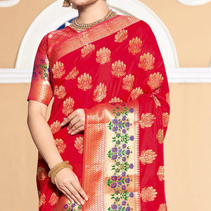 Dazzling Red Colored Festive Wear Woven Silk Saree - Peachmode