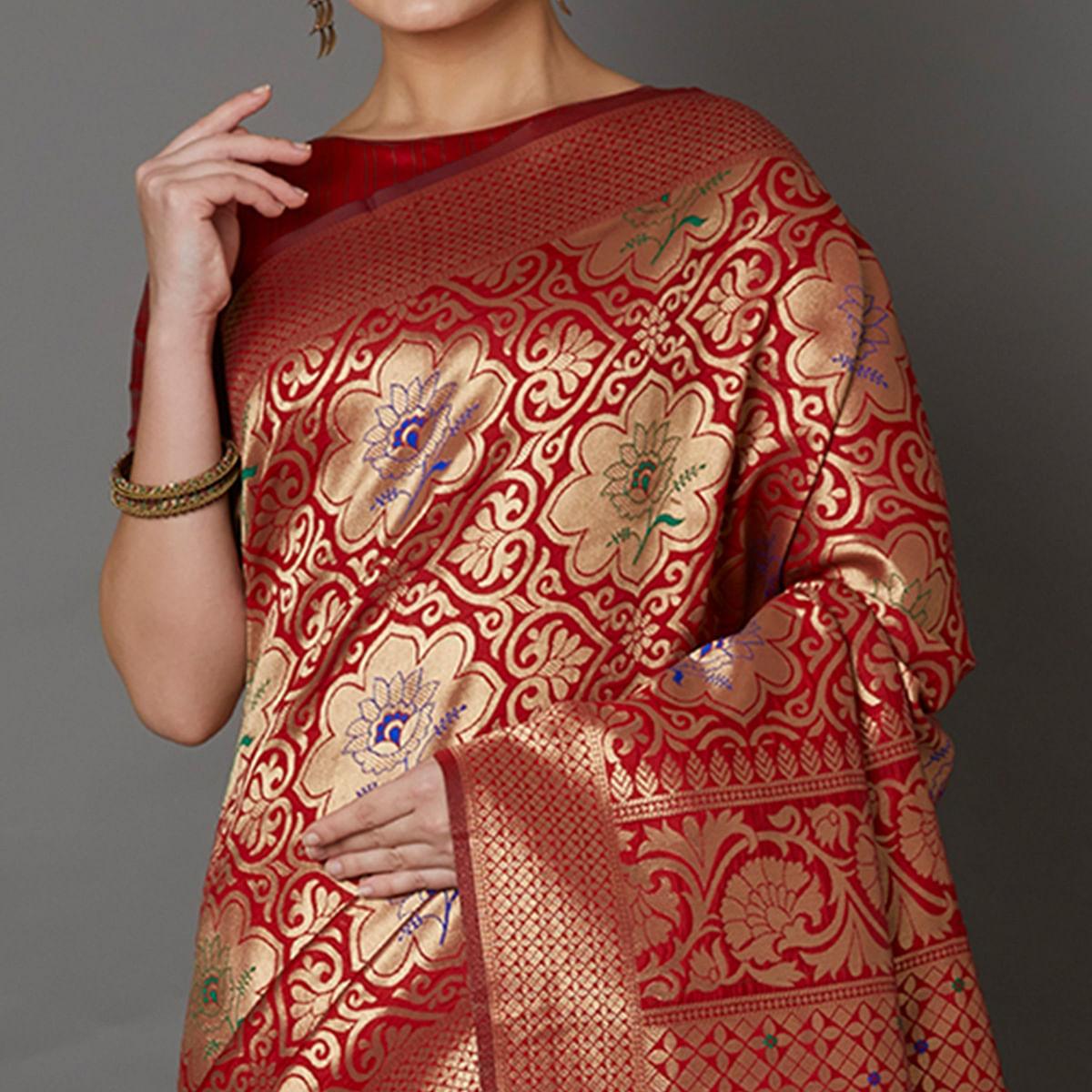 Dazzling Red Colored Festive Wear Woven Silk Saree - Peachmode