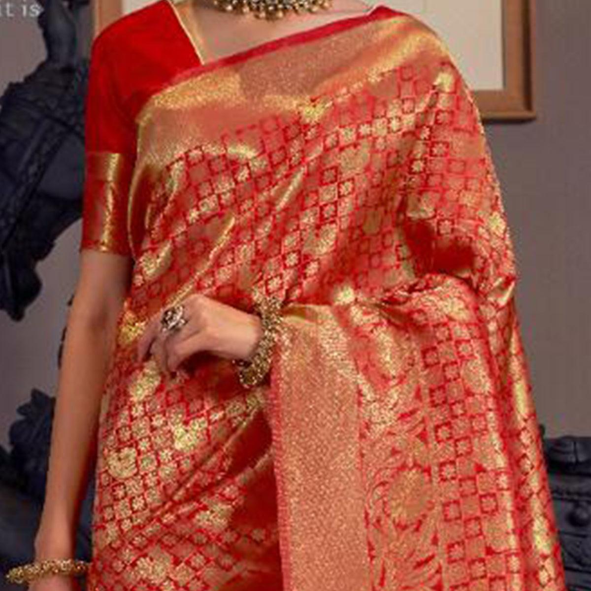 Dazzling Red Colored Festive Wear Woven Silk Saree With Tassels - Peachmode