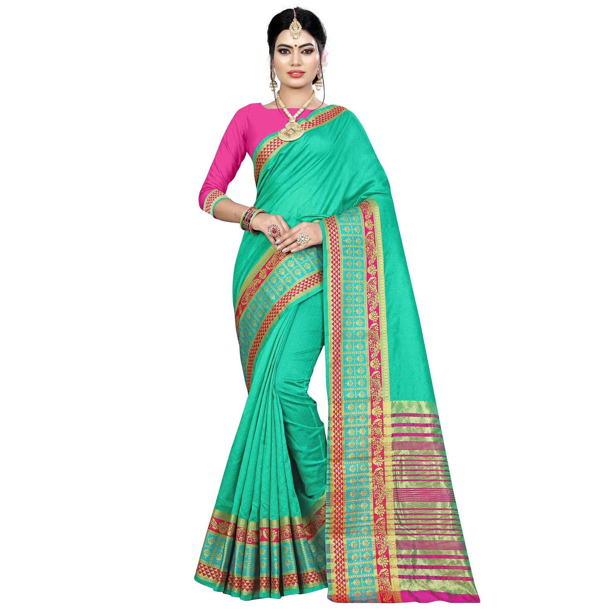 Dazzling Turquoise Green Colored Festive Wear Woven Art Silk Saree - Peachmode