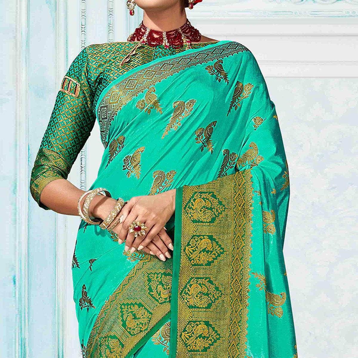 Dazzling Turquoise Green Colored Festive Wear Woven Nylon Silk Saree - Peachmode
