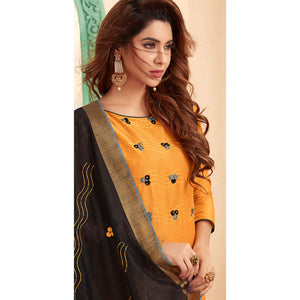 Dazzling Yellow Colored Casual Wear Embroidered Cotton Dress Material - Peachmode