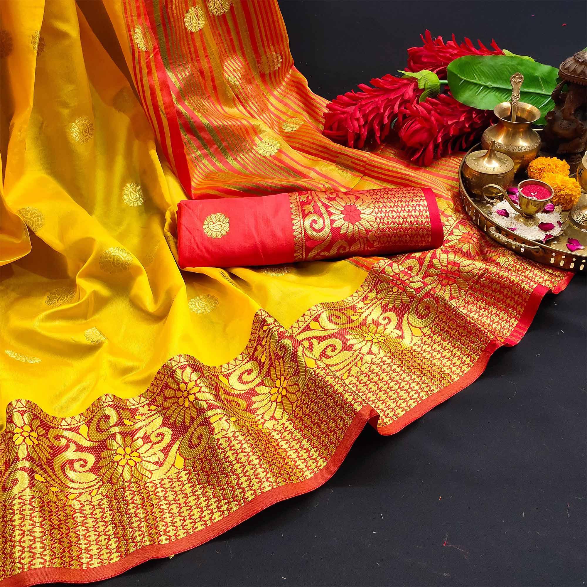 Dazzling Yellow Colored Festive Wear Woven Kanjivaram Silk Saree - Peachmode