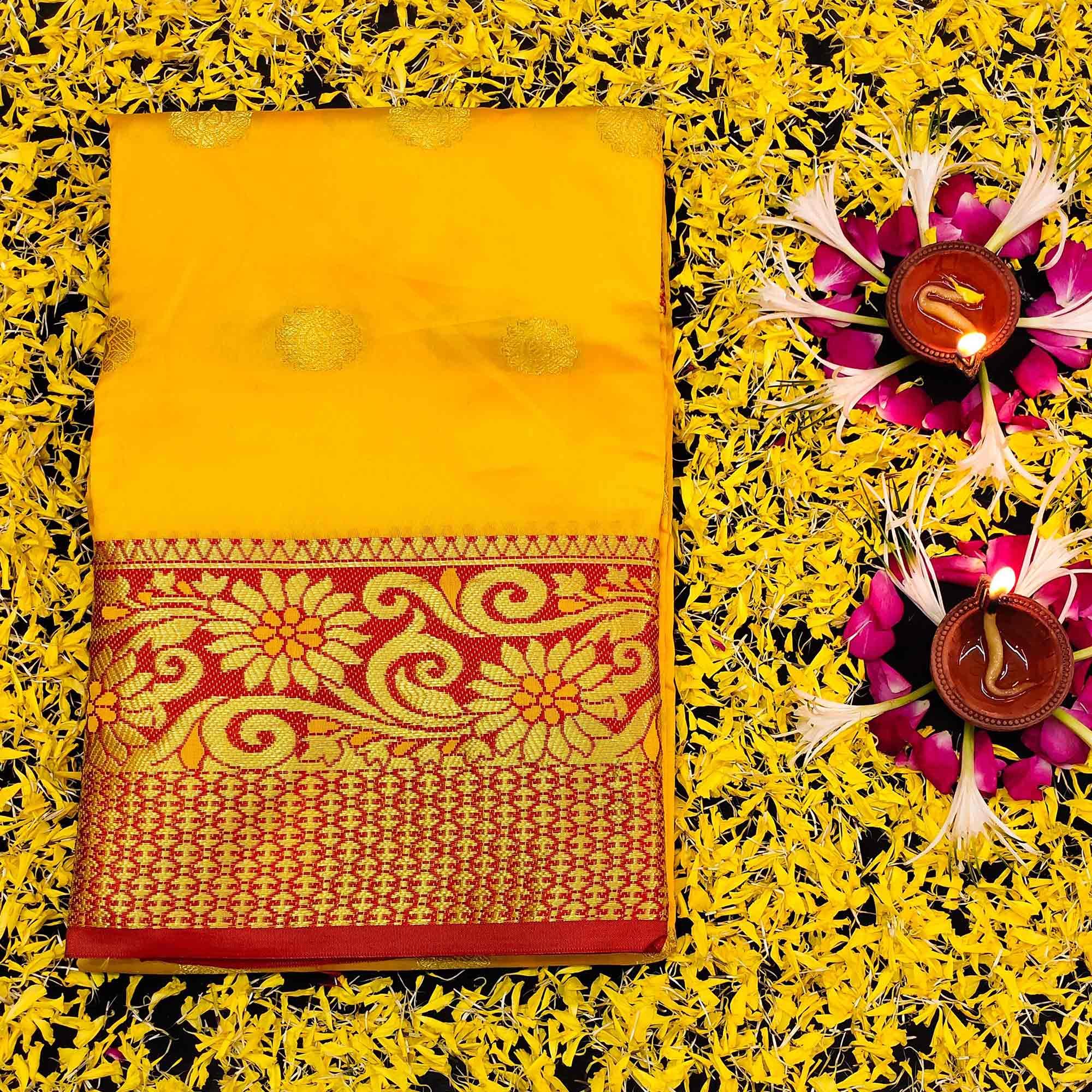 Dazzling Yellow Colored Festive Wear Woven Kanjivaram Silk Saree - Peachmode