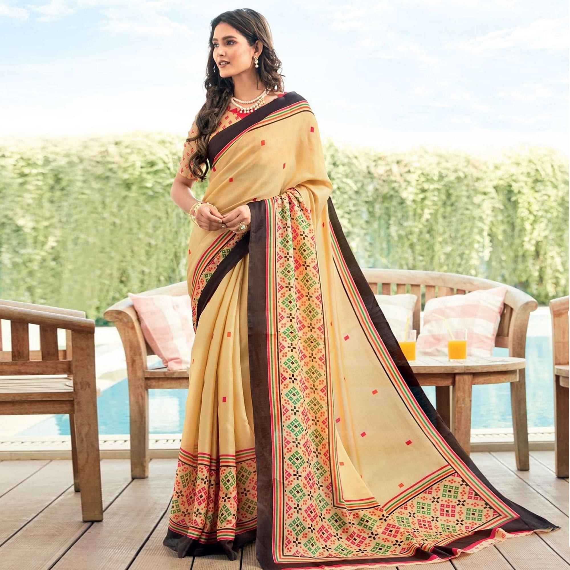 Dazzling Yellow Colored Partywear Printed Kora Satin Saree - Peachmode