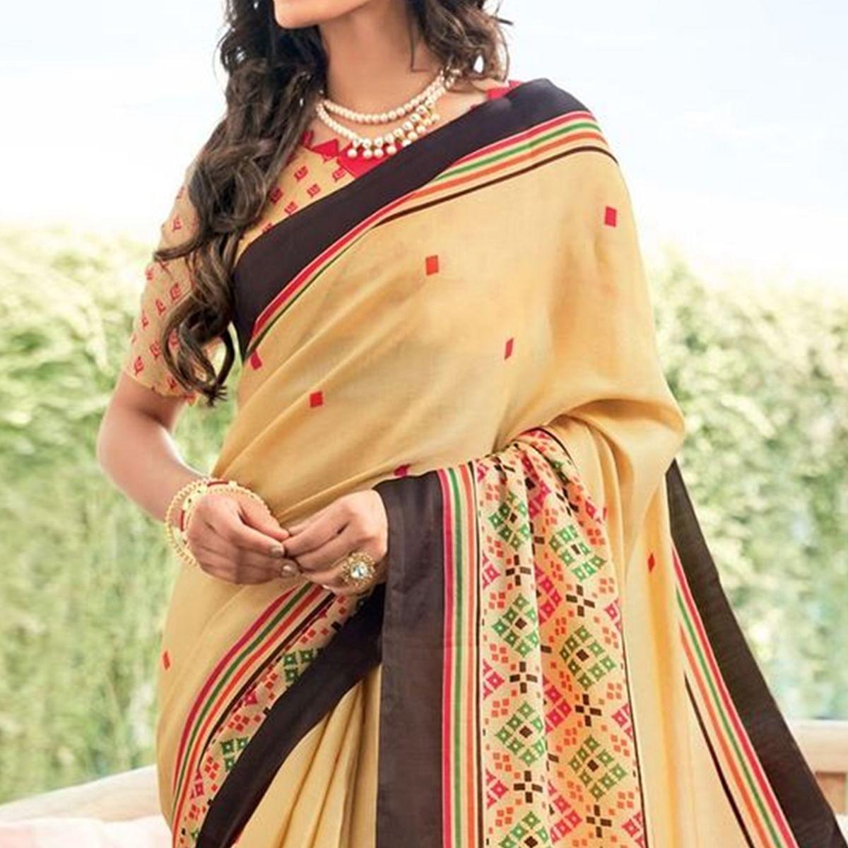Dazzling Yellow Colored Partywear Printed Kora Satin Saree - Peachmode