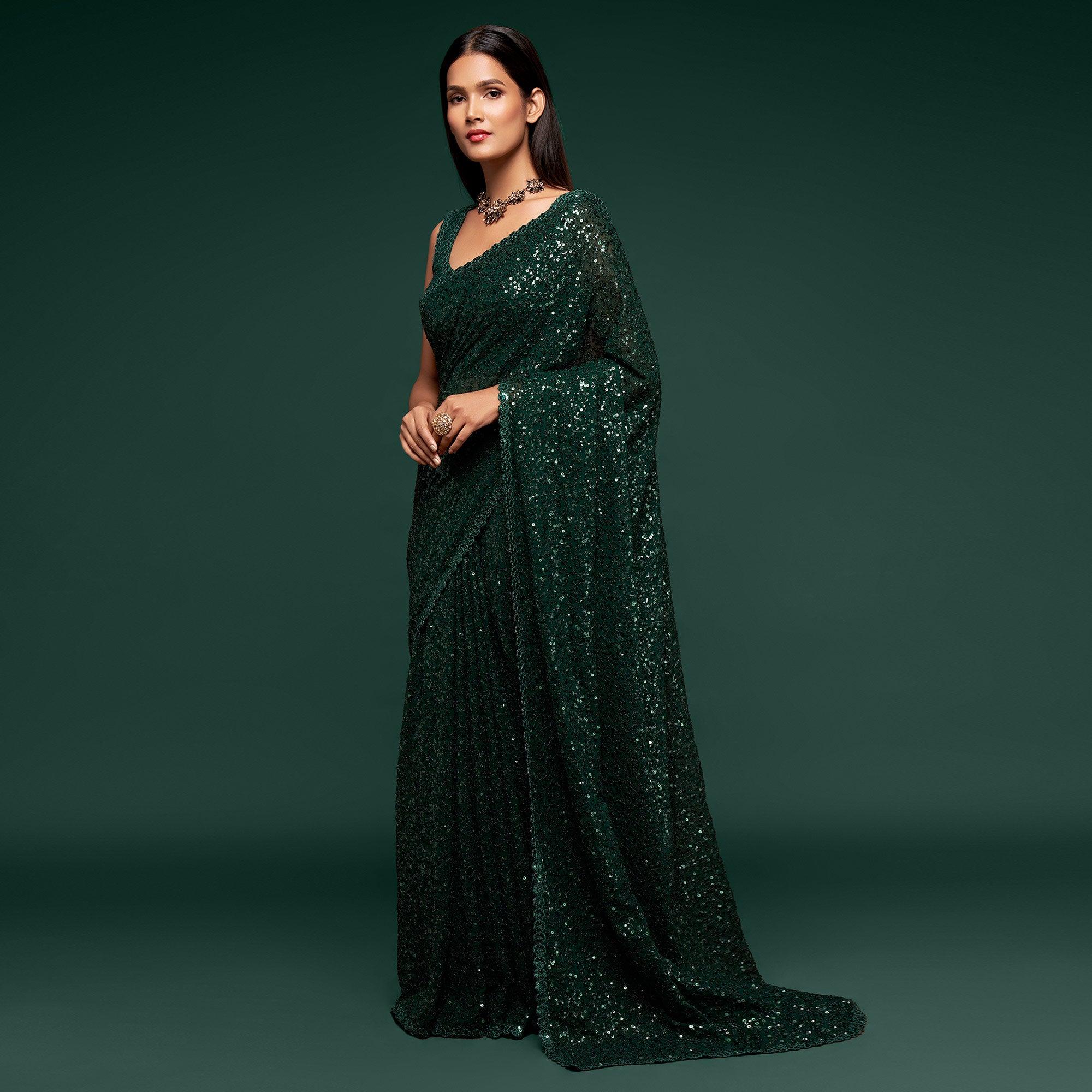 Deep Green Partywear Thread & Sequins Embroidered Georgette Saree - Peachmode