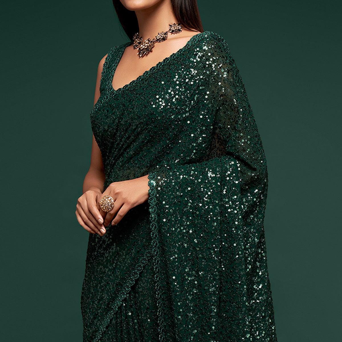 Deep Green Partywear Thread & Sequins Embroidered Georgette Saree - Peachmode