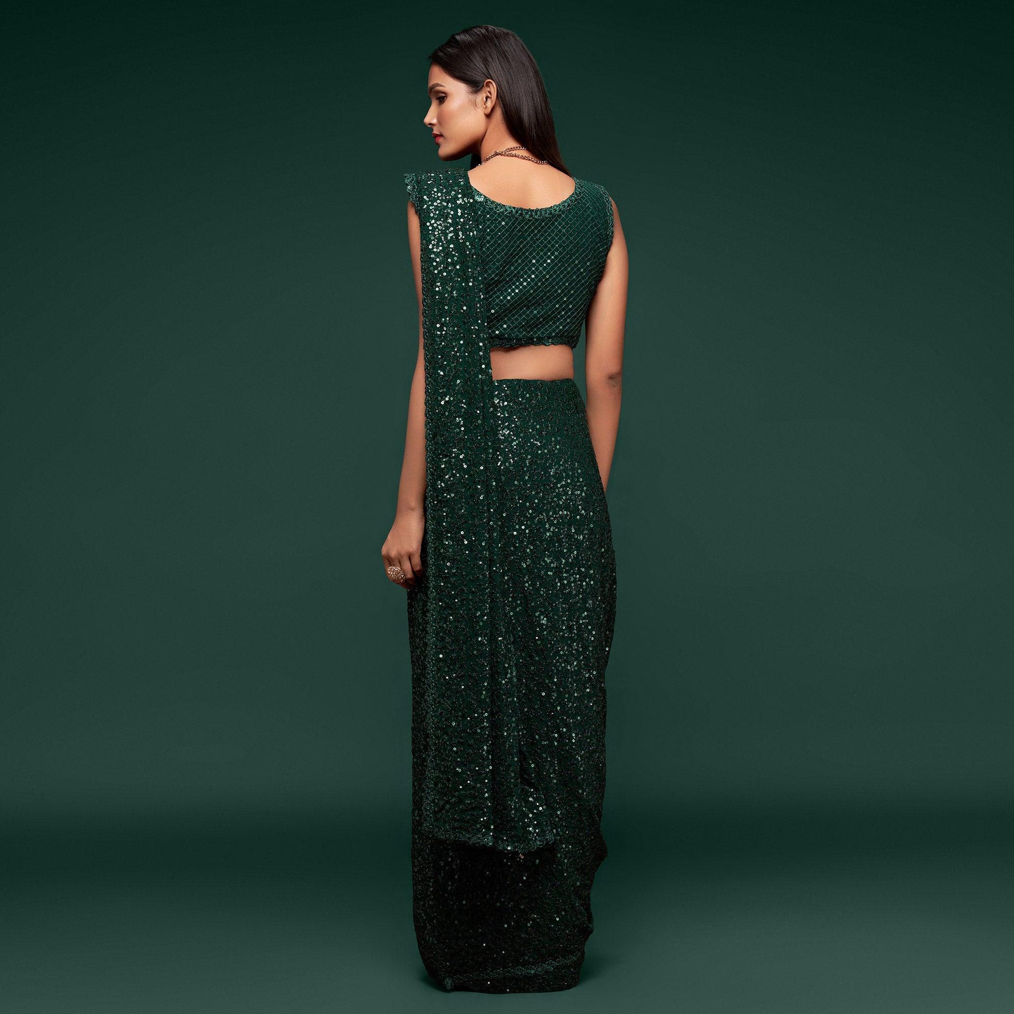 Deep Green Partywear Thread & Sequins Embroidered Georgette Saree - Peachmode