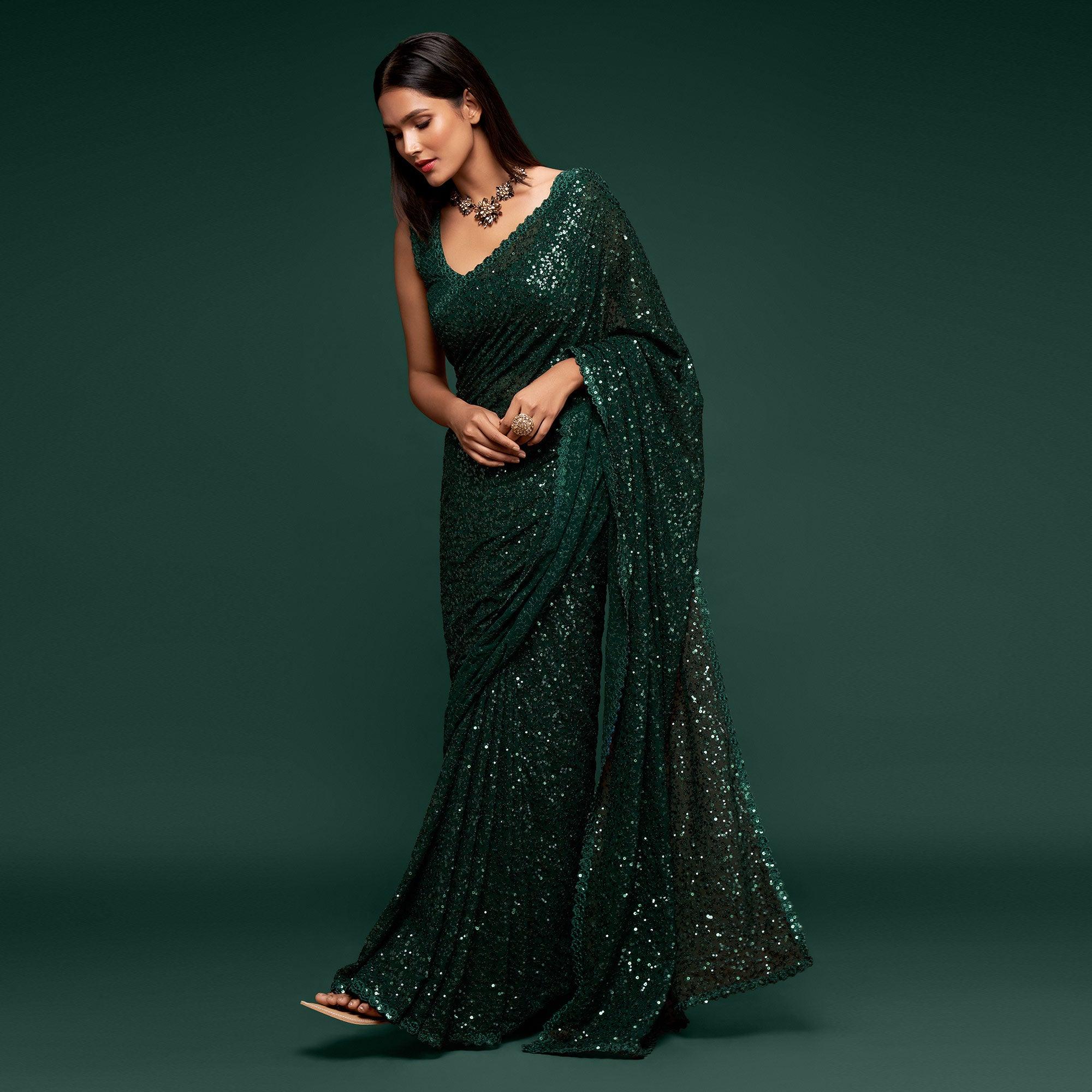 Deep Green Partywear Thread & Sequins Embroidered Georgette Saree - Peachmode