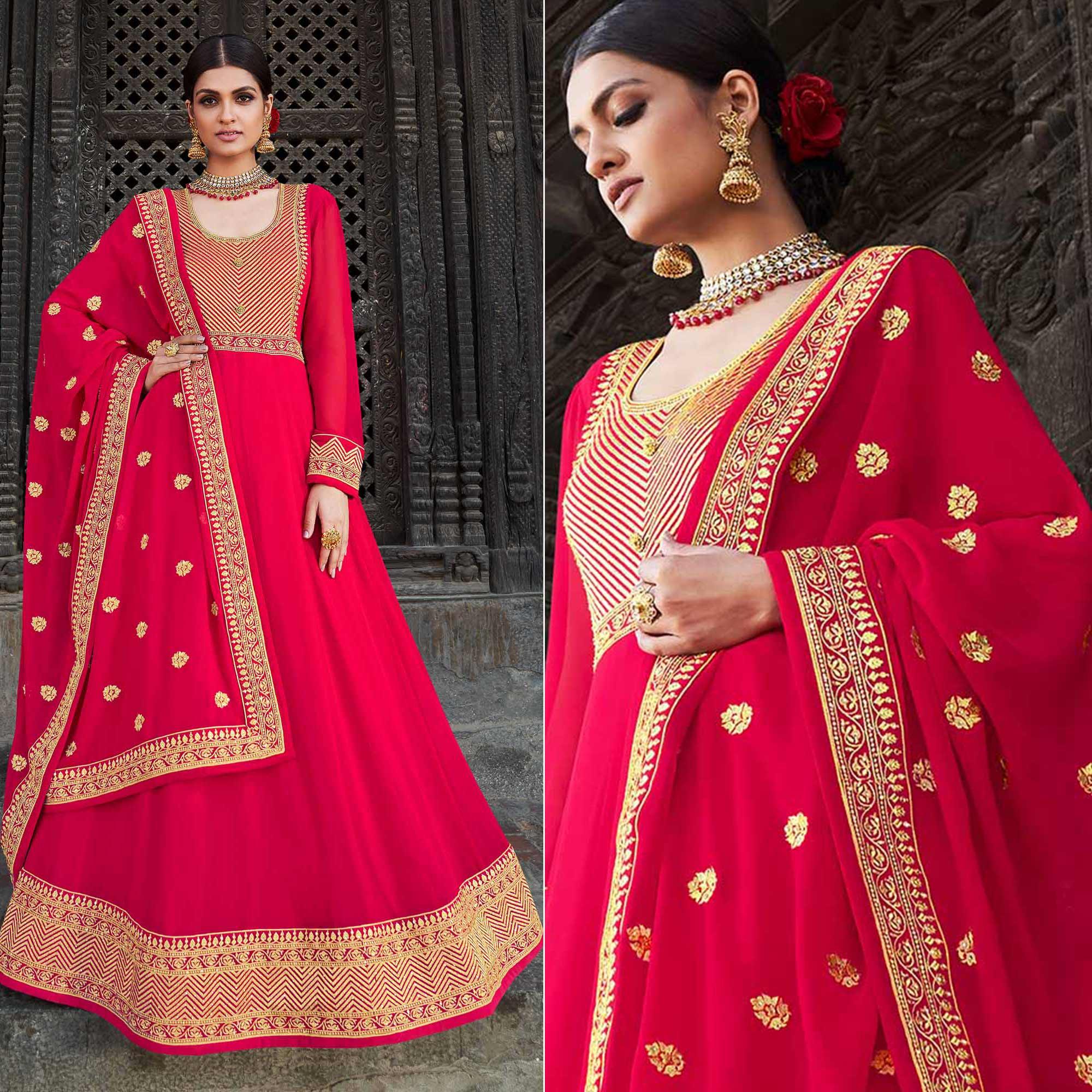 Deep Pink Embroidered Georgette Party Wear Gown - Peachmode