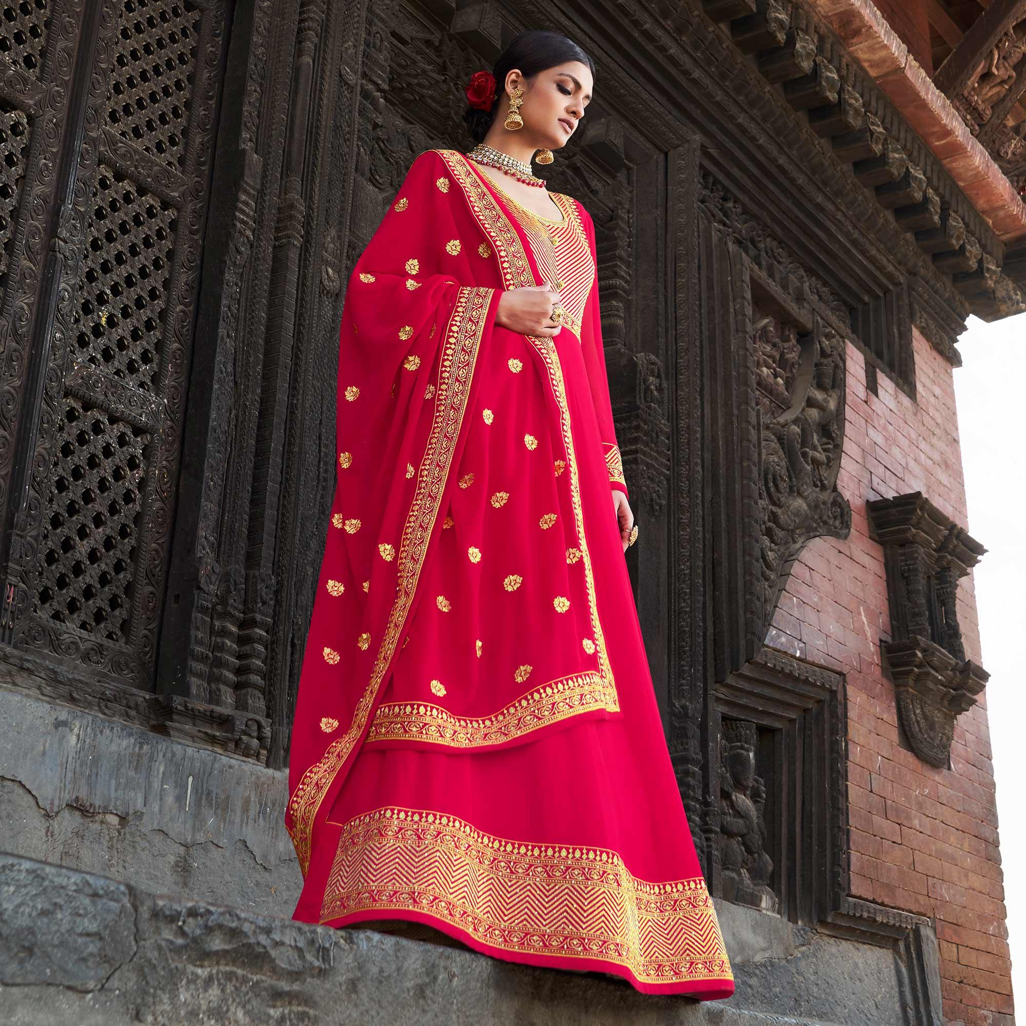 Deep Pink Embroidered Georgette Party Wear Gown - Peachmode