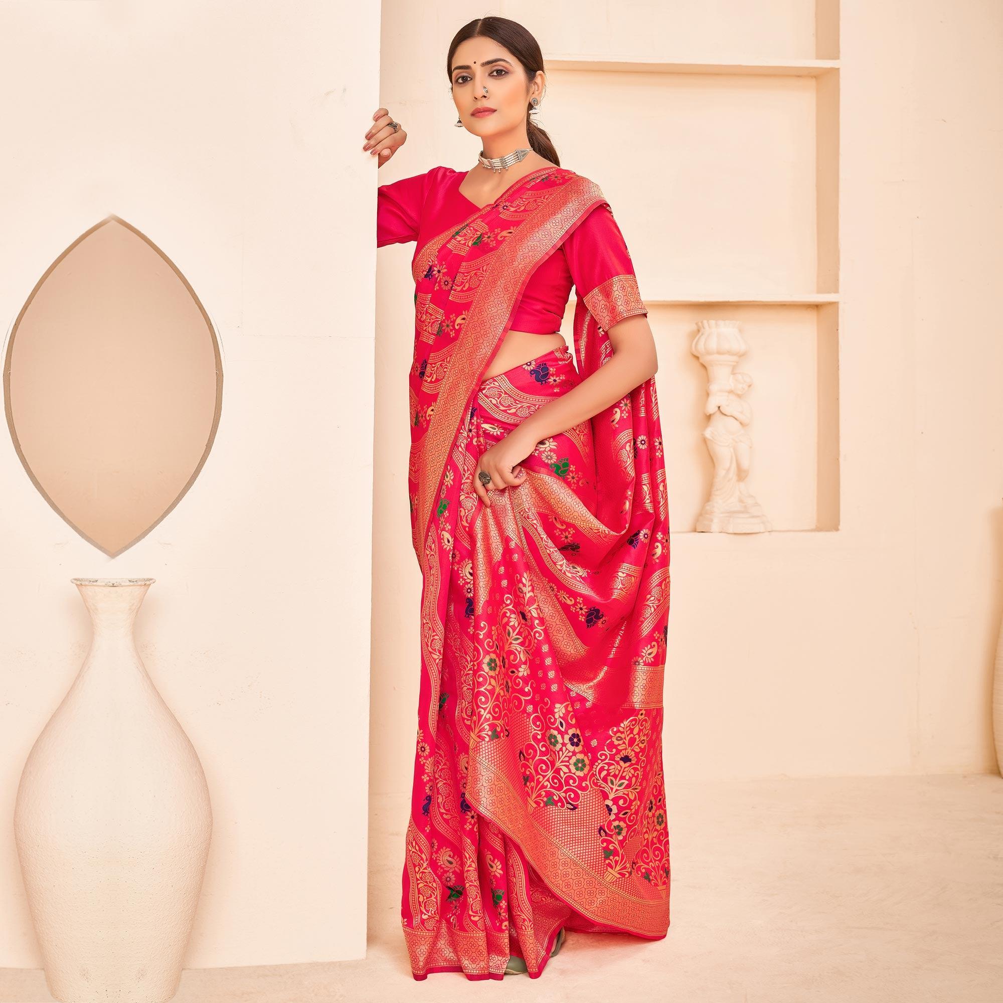 Deep Pink Festive Wear Banarasi with Patola Woven Banarasi Silk saree - Peachmode