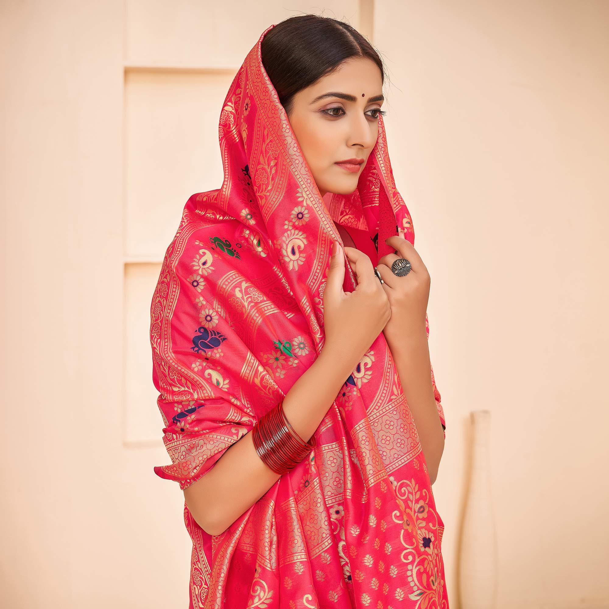 Deep Pink Festive Wear Banarasi with Patola Woven Banarasi Silk saree - Peachmode