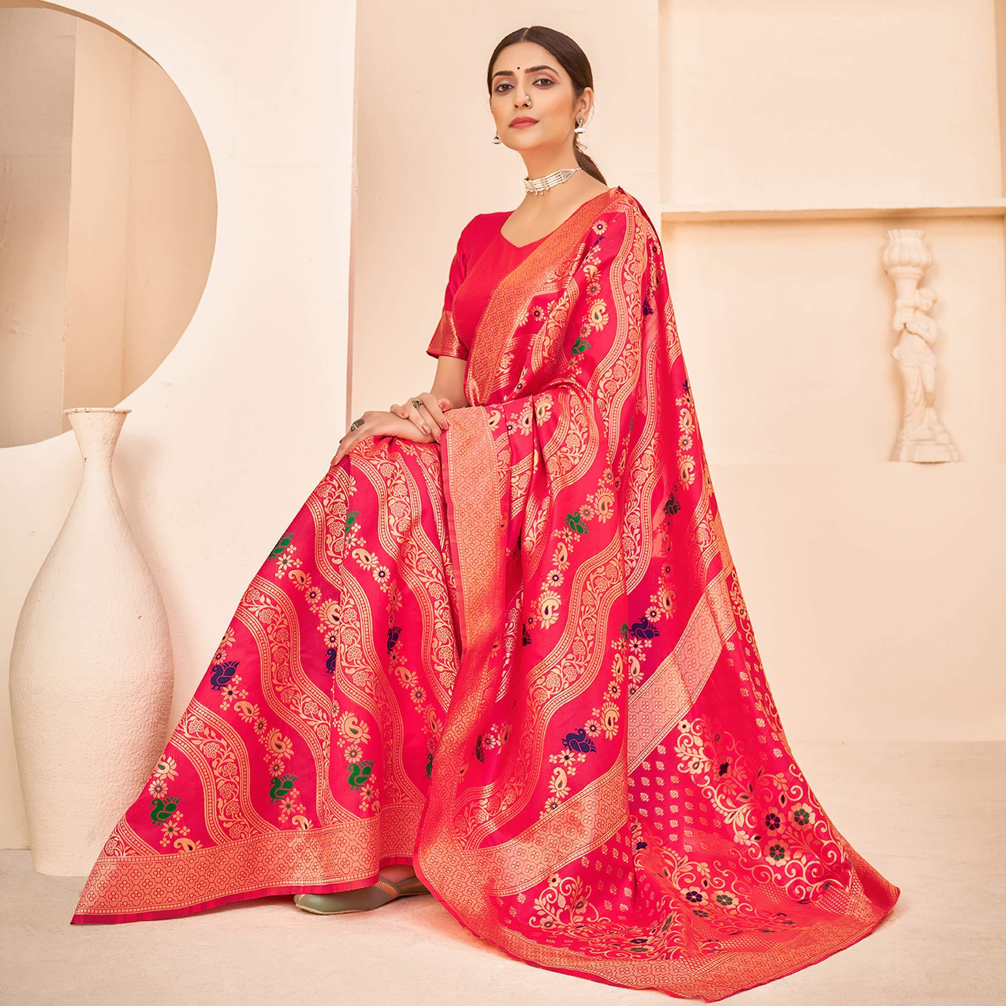 Deep Pink Festive Wear Banarasi with Patola Woven Banarasi Silk saree - Peachmode