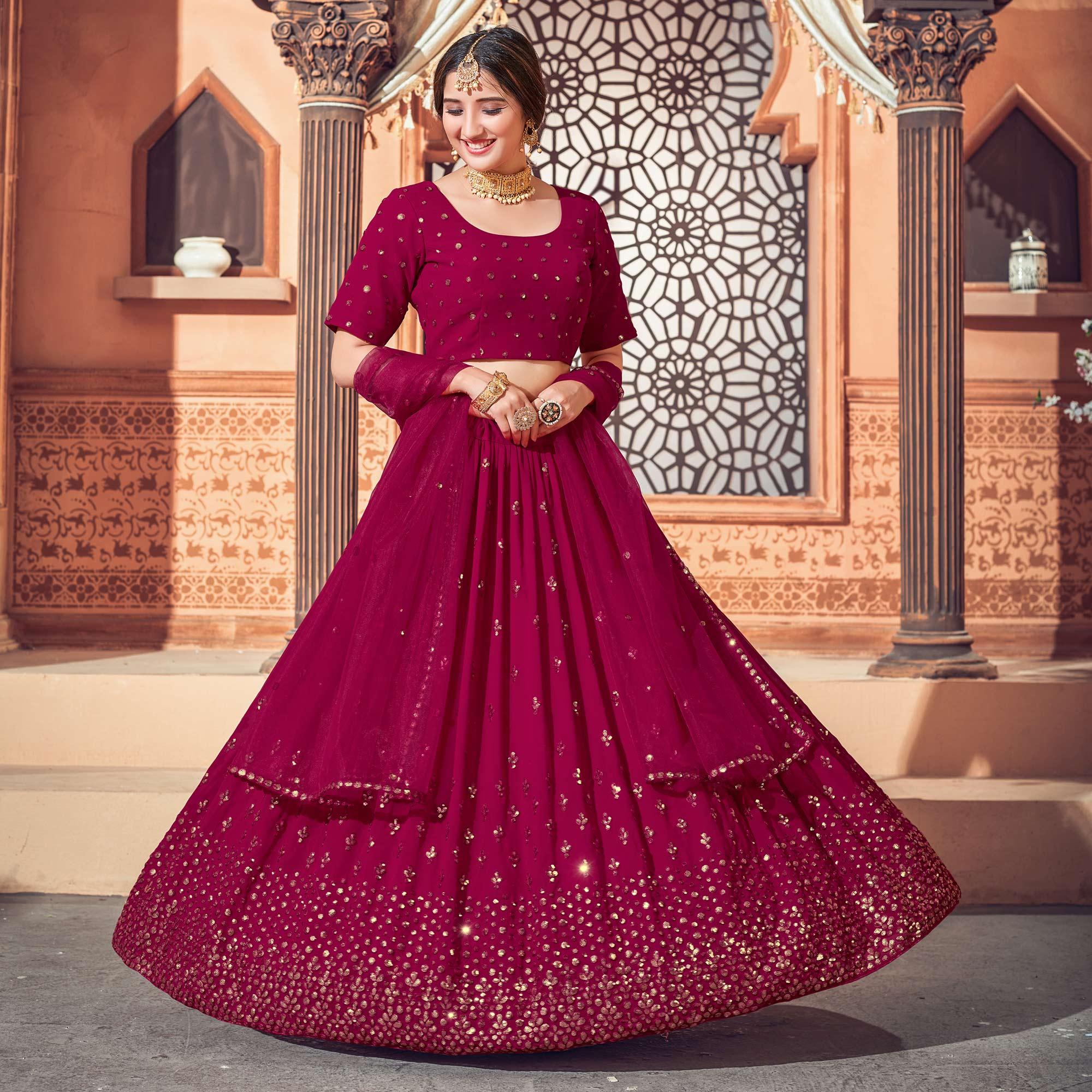 Deep Pink Festive Wear Thread with Sequence Embroidered Georgette Lehenga Choli - Peachmode