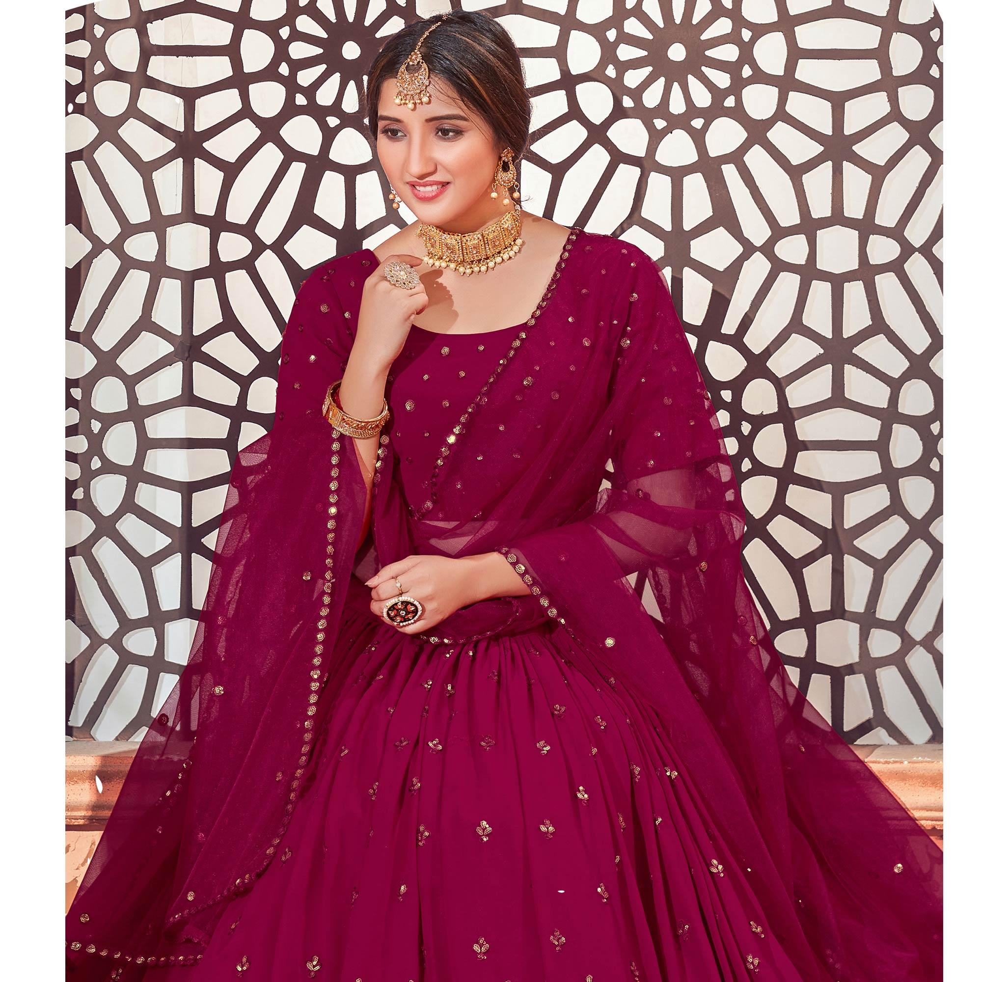 Deep Pink Festive Wear Thread with Sequence Embroidered Georgette Lehenga Choli - Peachmode