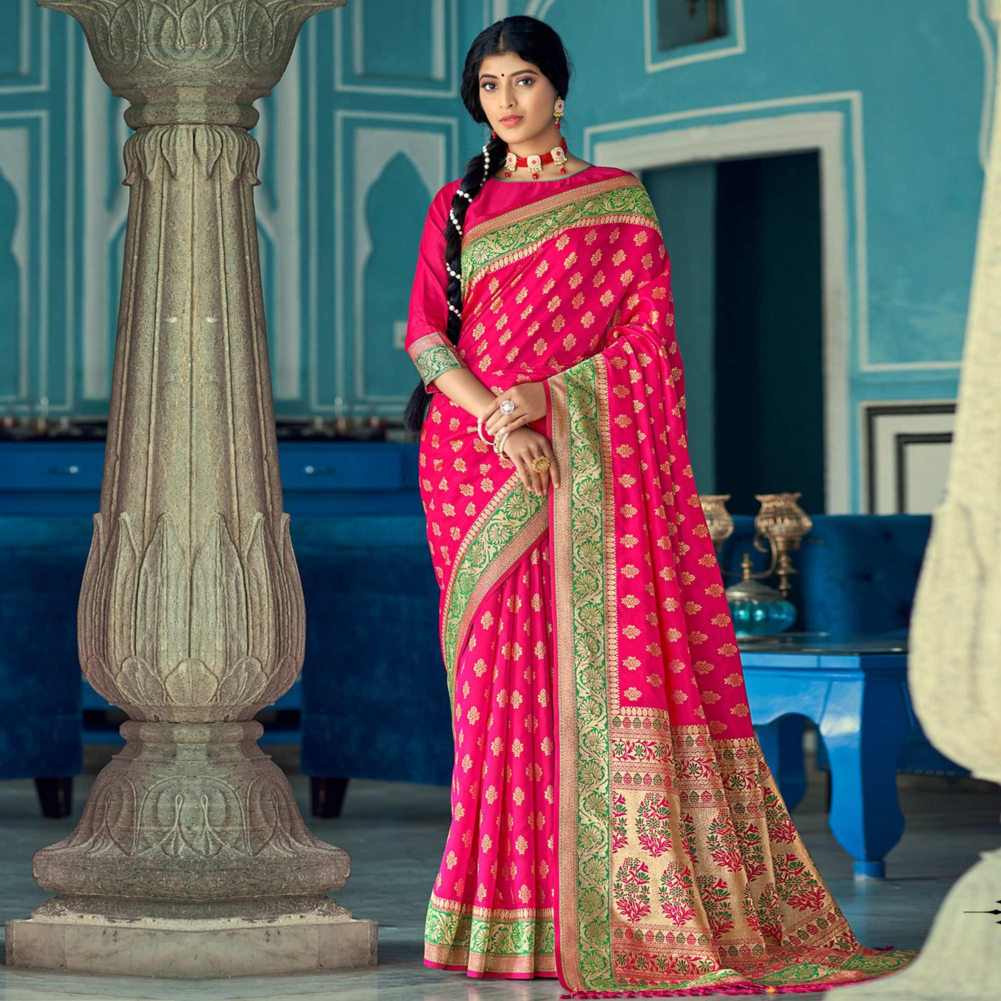 Deep Pink Festive Wear Woven Banarasi Silk Saree - Peachmode