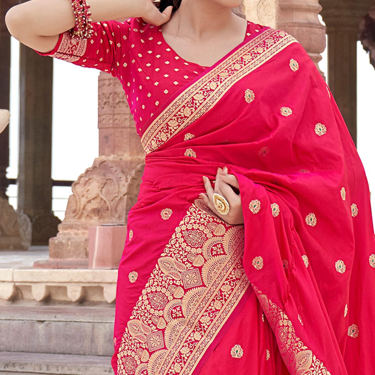 Deep Pink Festive Wear Woven Banarasi Silk Saree - Peachmode