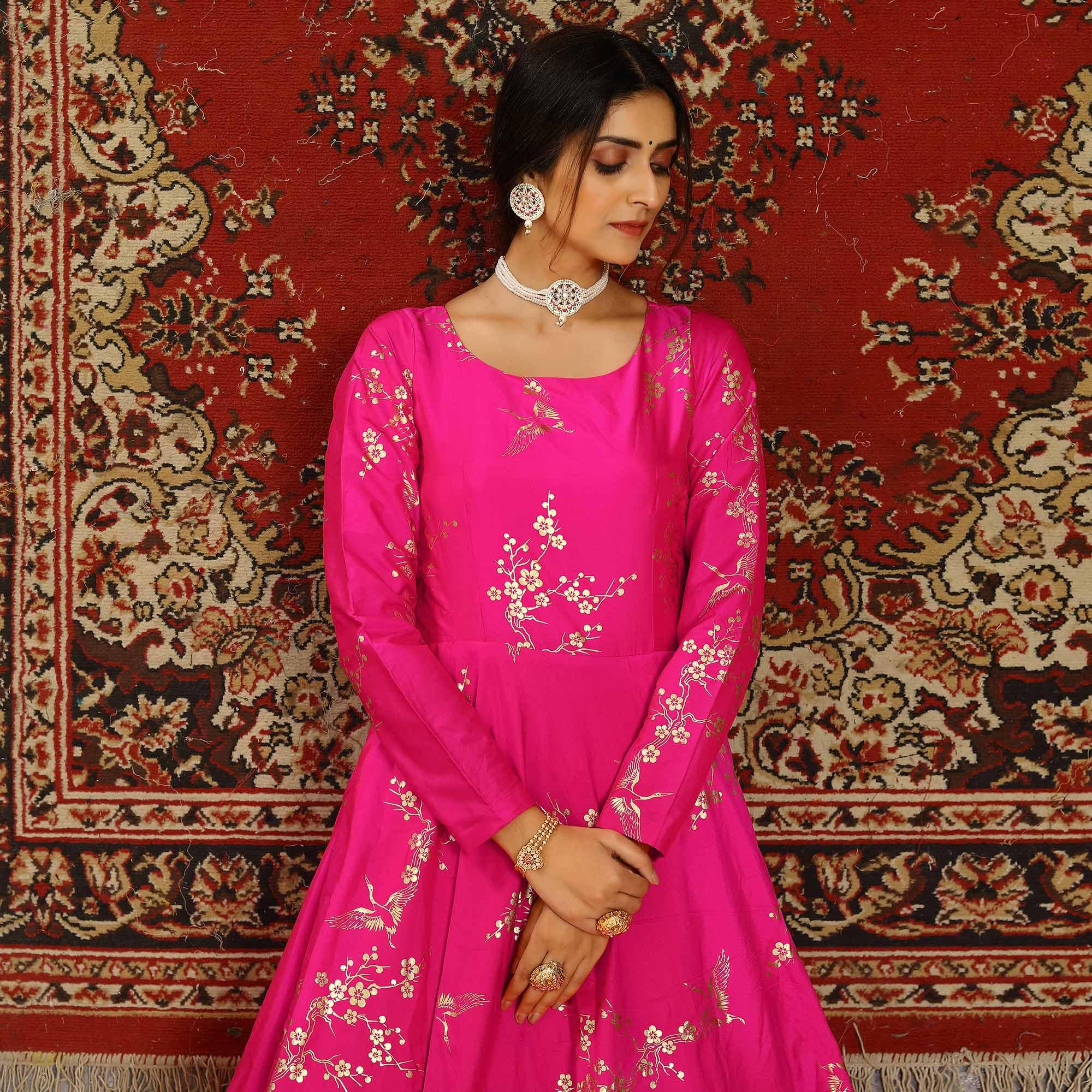 Deep Pink Party Wear Designer Metalic Foil Printed Work Taffeta Gown - Peachmode