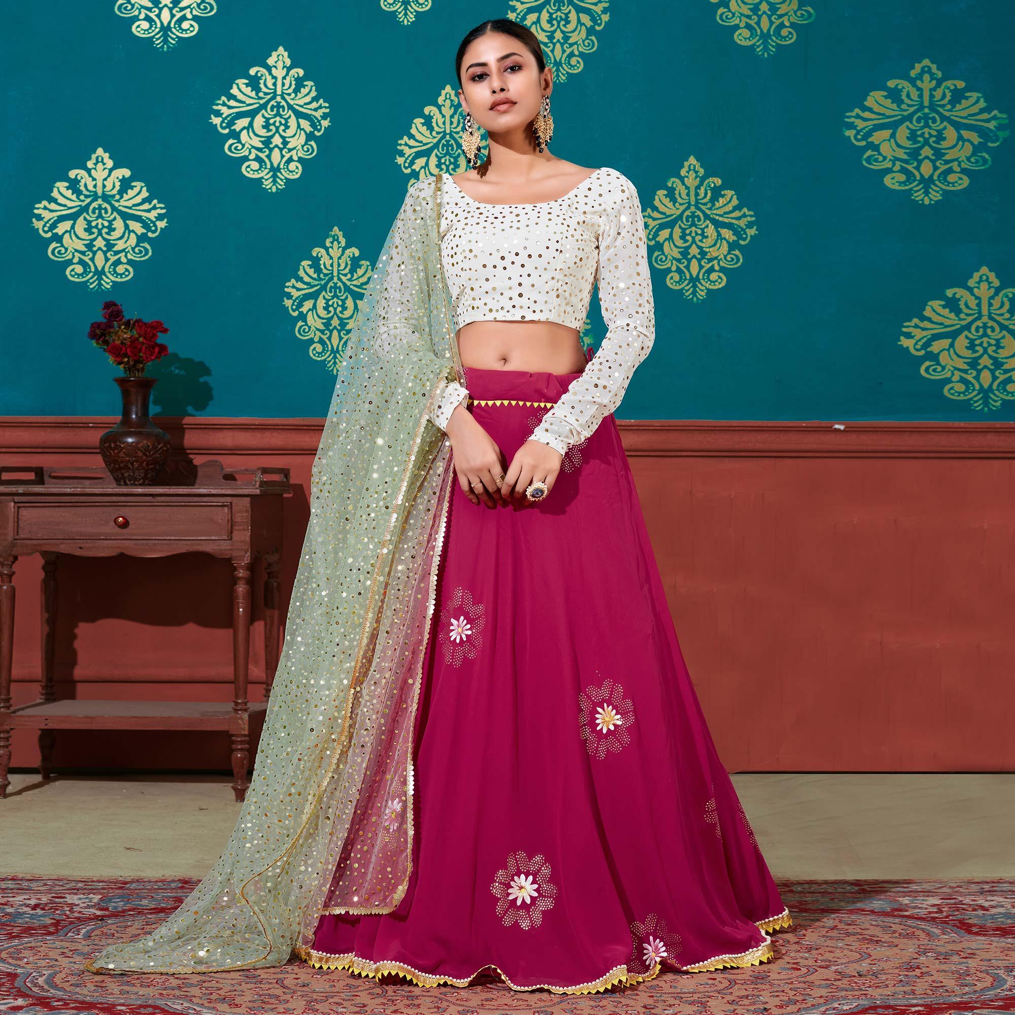 Deep Pink-White Wedding Wear Pigment Foil Printed Work Georgette Lehenga Choli - Peachmode