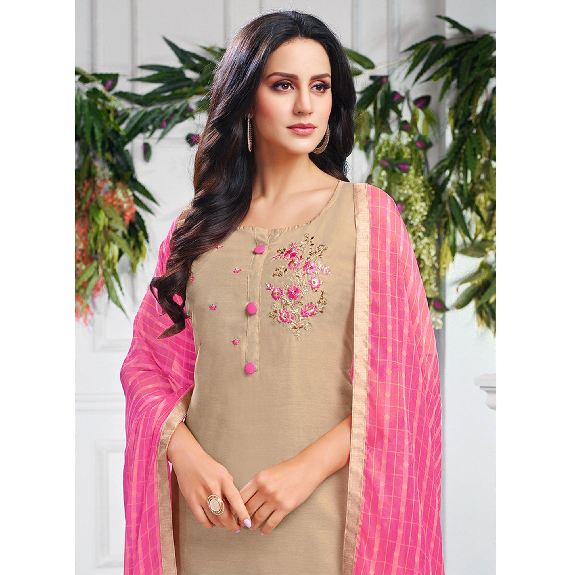 Delightful Beige Colored Casual Wear Embroidered Chanderi Dress Material - Peachmode