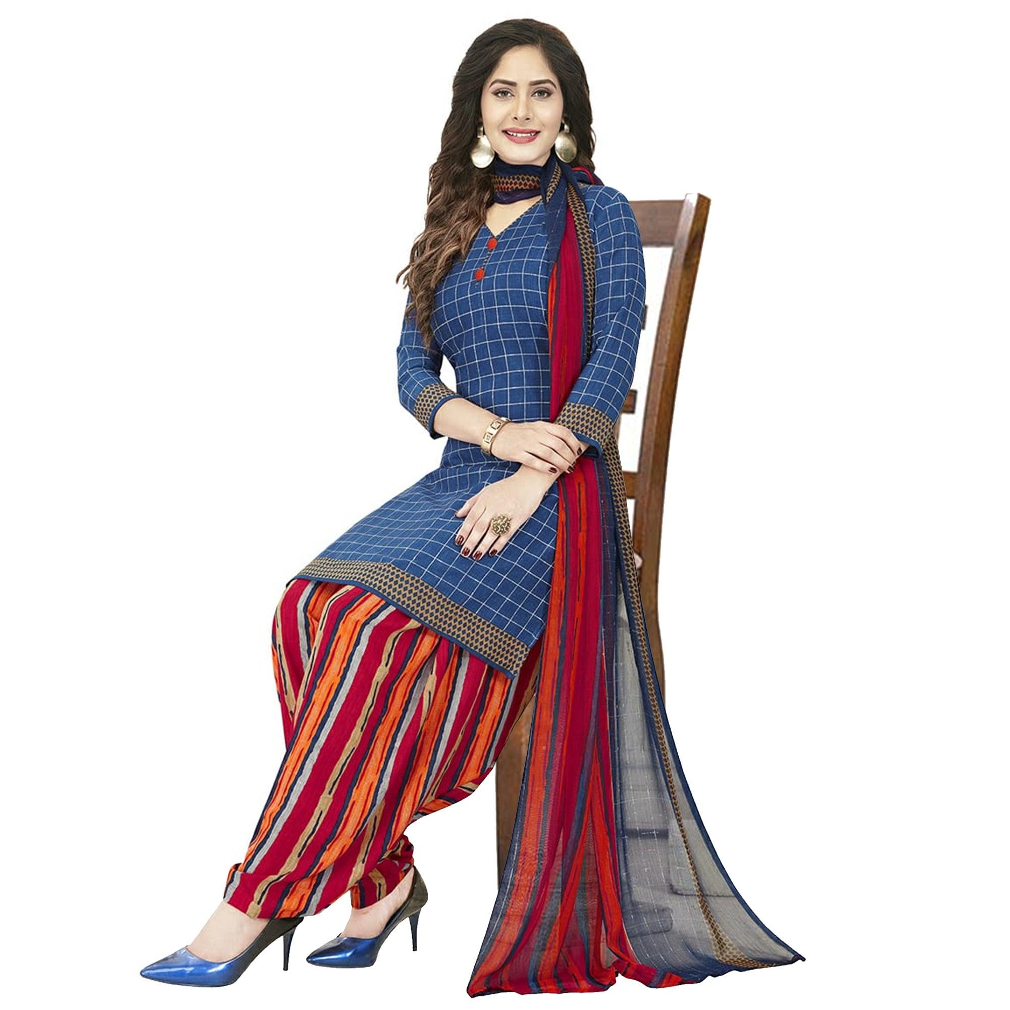 Delightful Blue Colored Casual Wear Printed Crepe Patiala Dress Material - Peachmode
