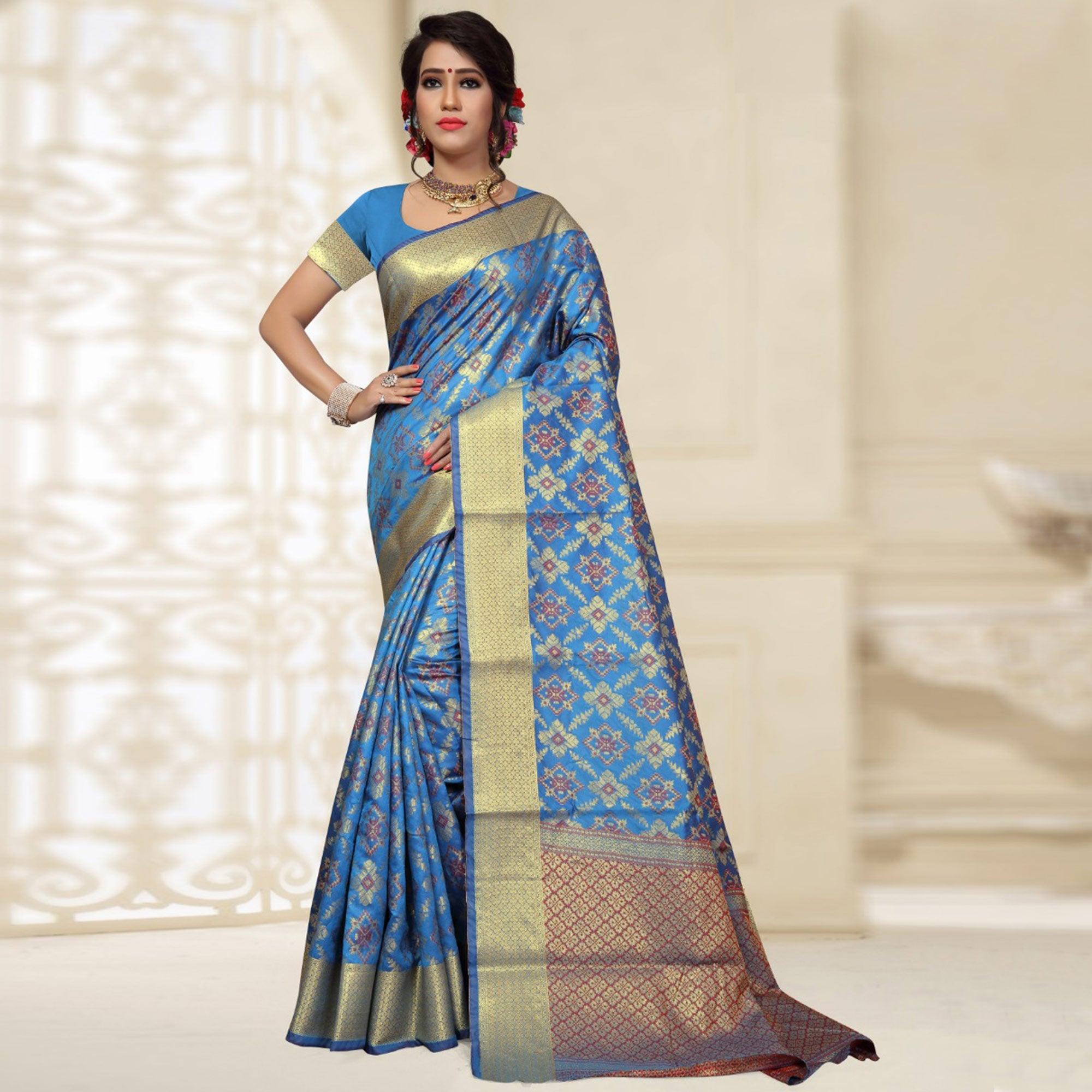 Delightful Blue Colored Festive Wear Woven Banarasi Silk Saree - Peachmode