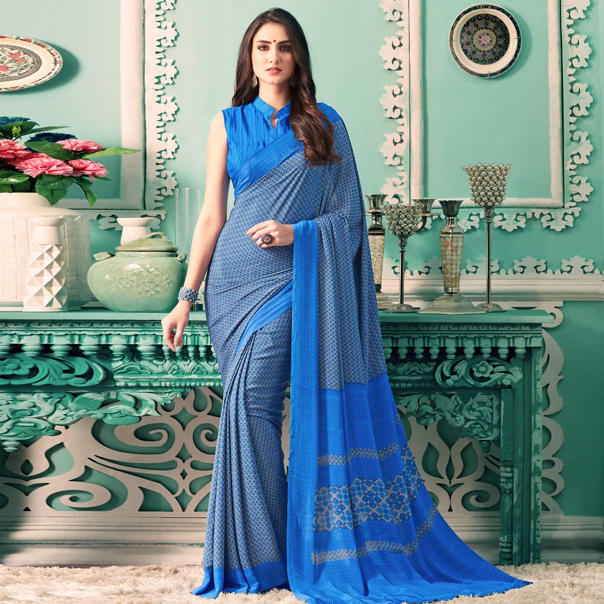 Delightful Blue Colored Partywear Printed Crepe Saree - Peachmode