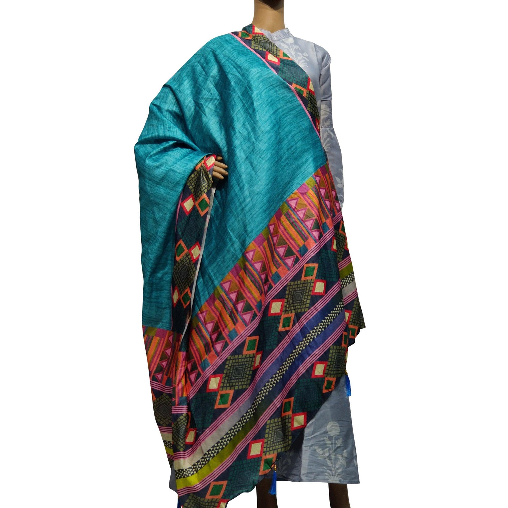 Delightful Blue-Multi Colored Casual Wear Printed Cotton Silk Dupatta With Tassels - Peachmode