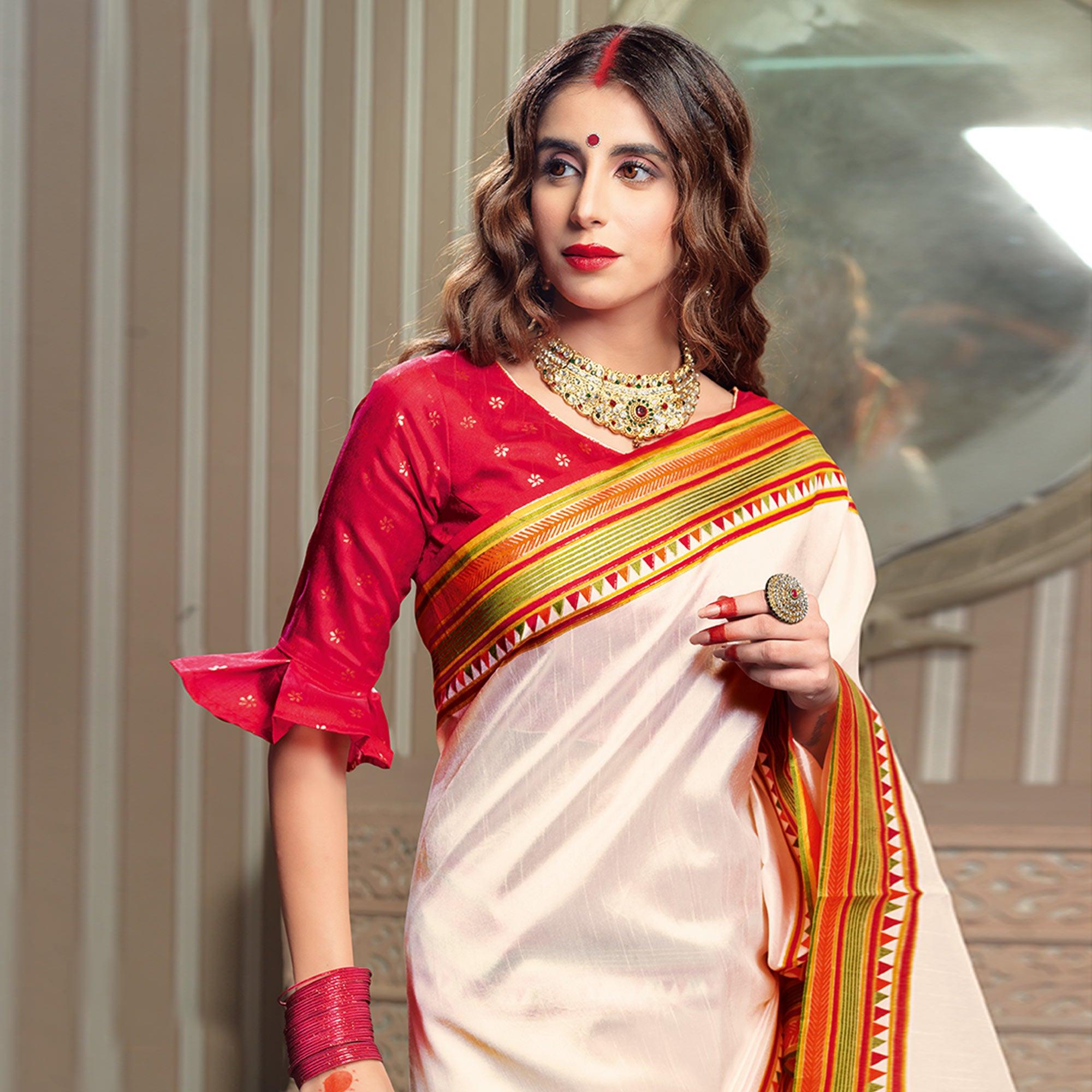 Delightful Cream Colored Festive Wear Patola Silk saree - Peachmode