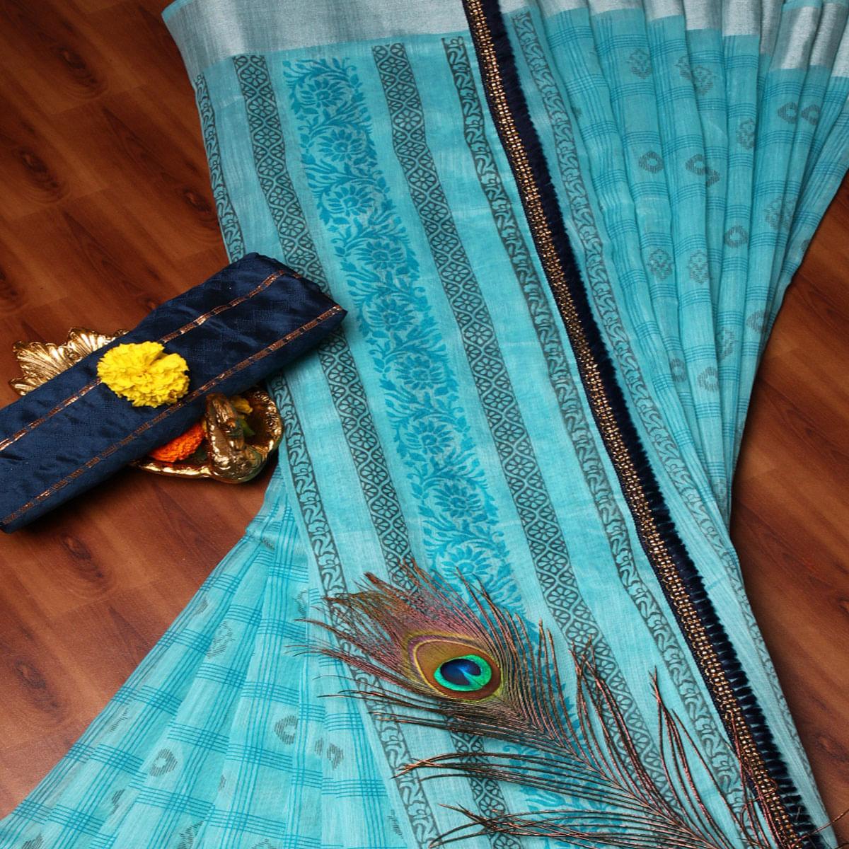 Delightful Ferozi Colored Casual Wear Printed Cotton Saree - Peachmode