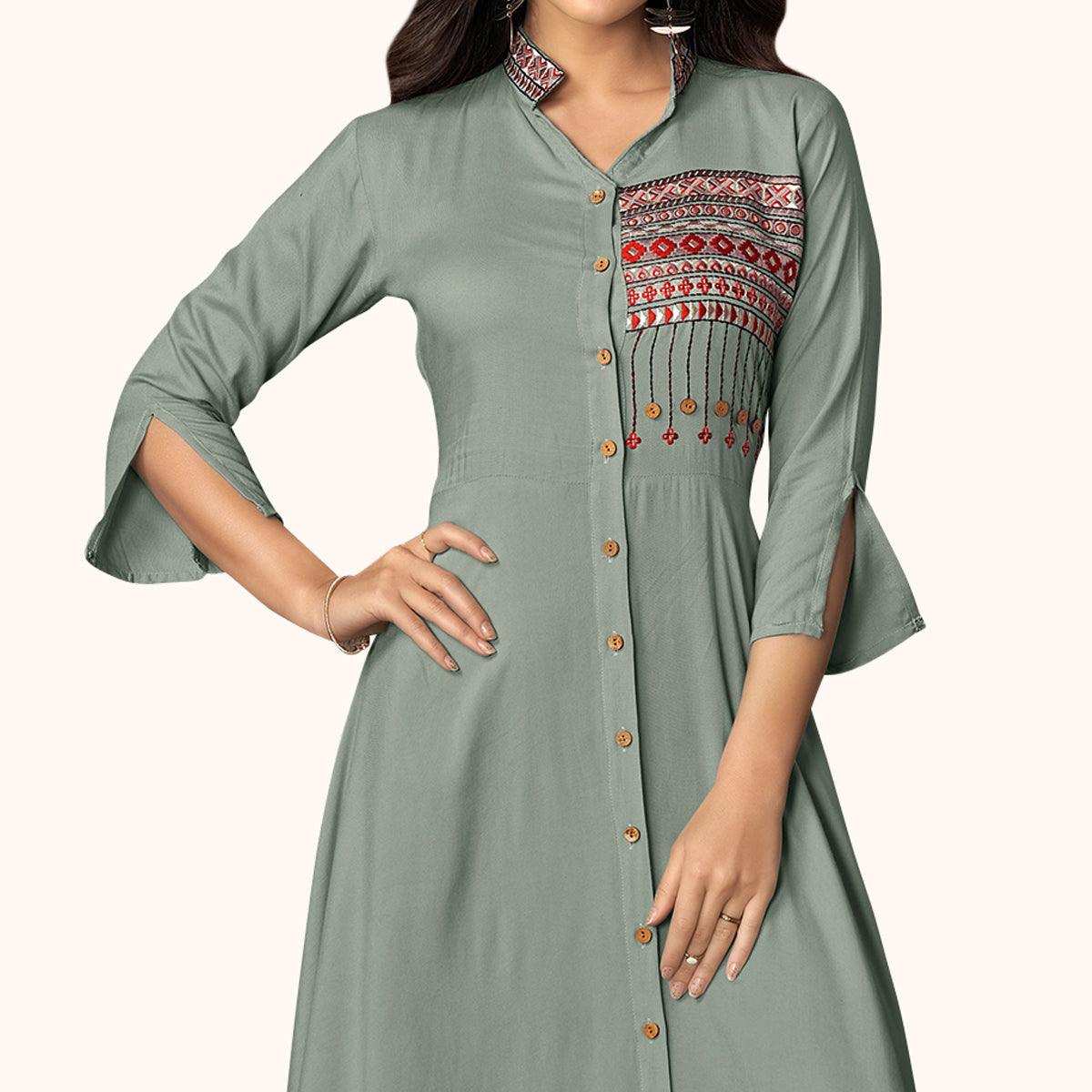 Delightful Gray Colored Partywear Embroidered Rayon Kurti - Peachmode