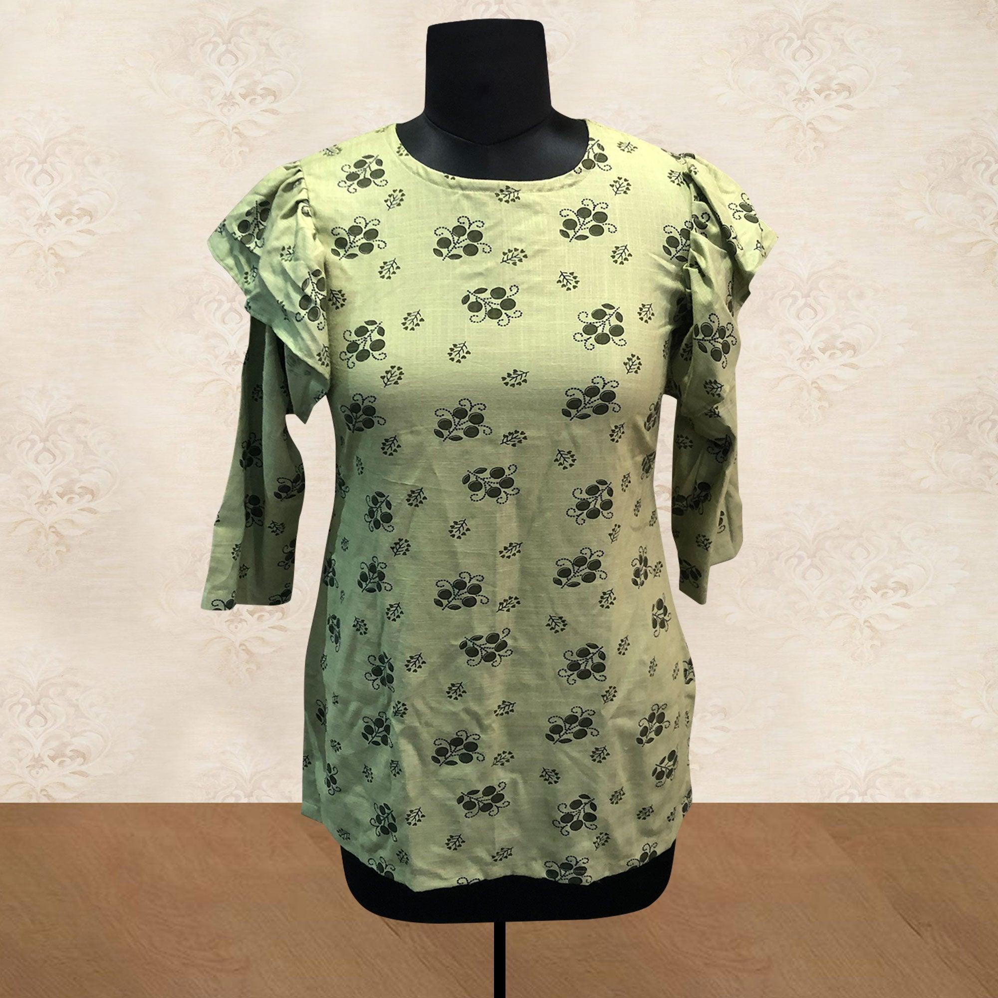 Delightful Green Colored Casual Printed Cotton Top - Peachmode