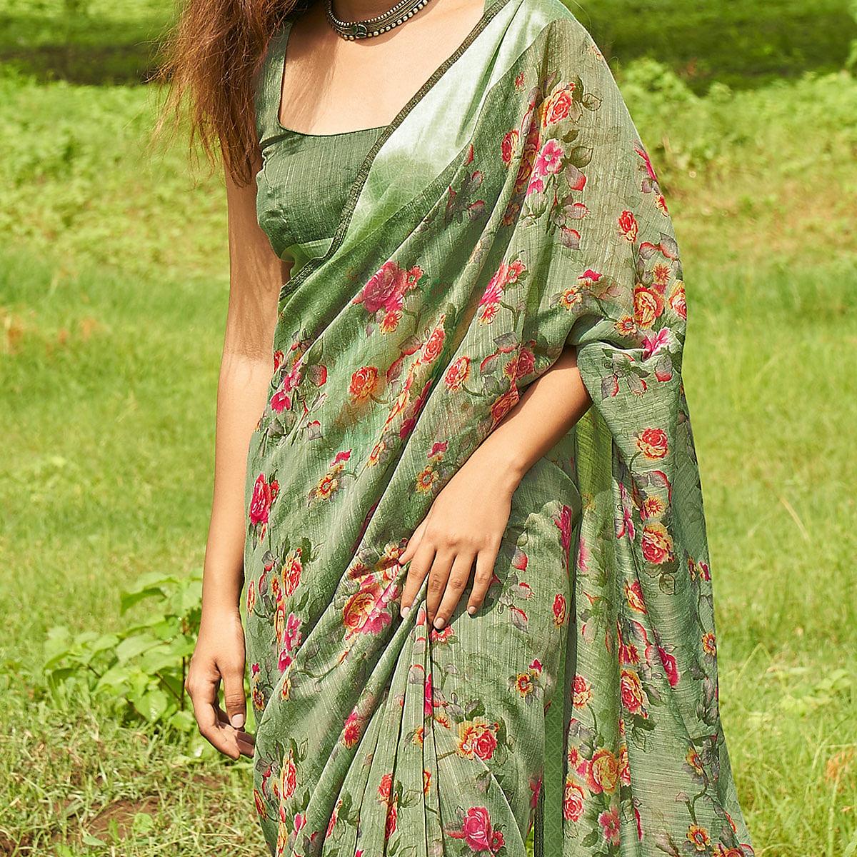 Delightful Green Colored Casual Wear Floral Printed Linen Cotton Saree - Peachmode