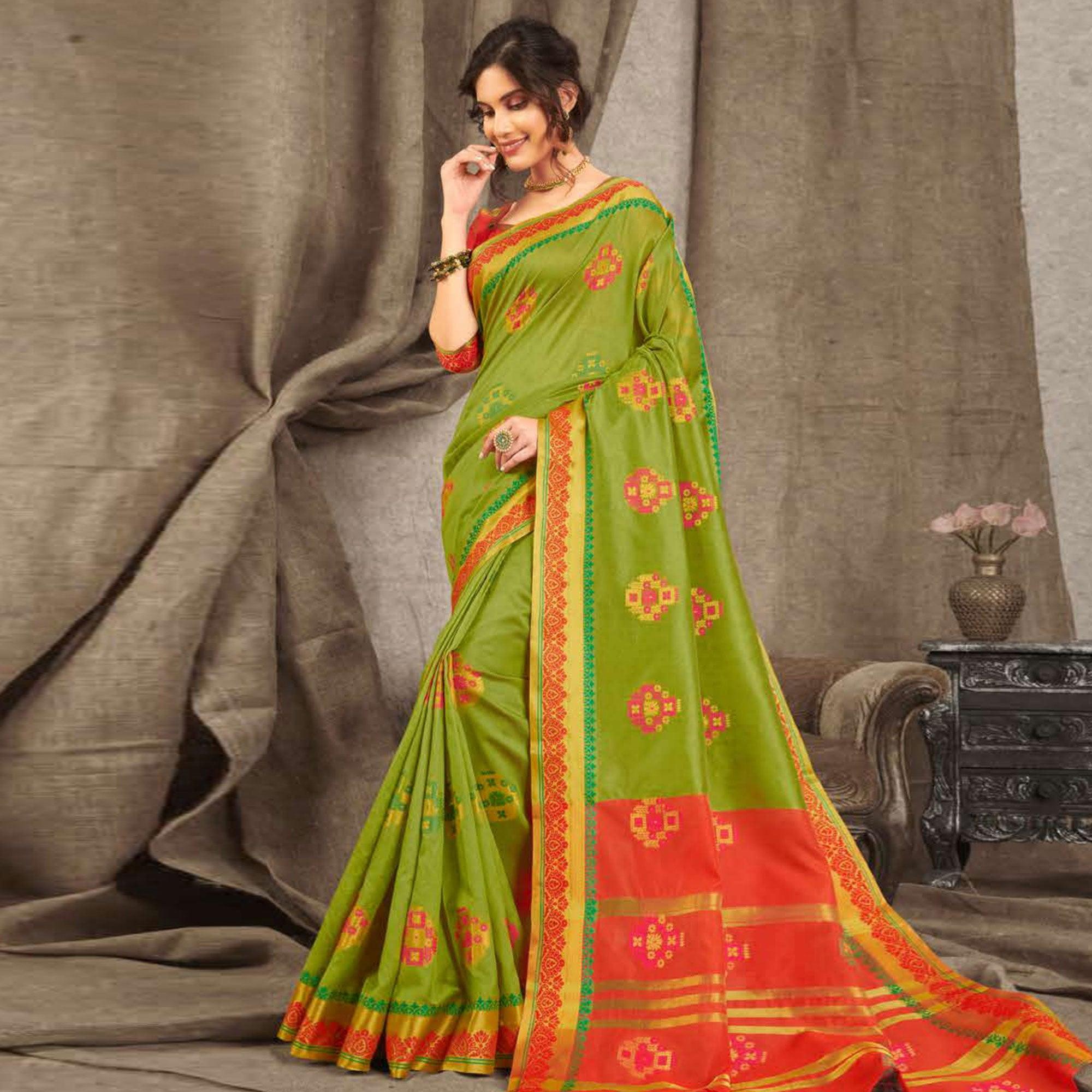 Delightful Green Colored Festive Wear Woven Cotton Handloom Saree - Peachmode