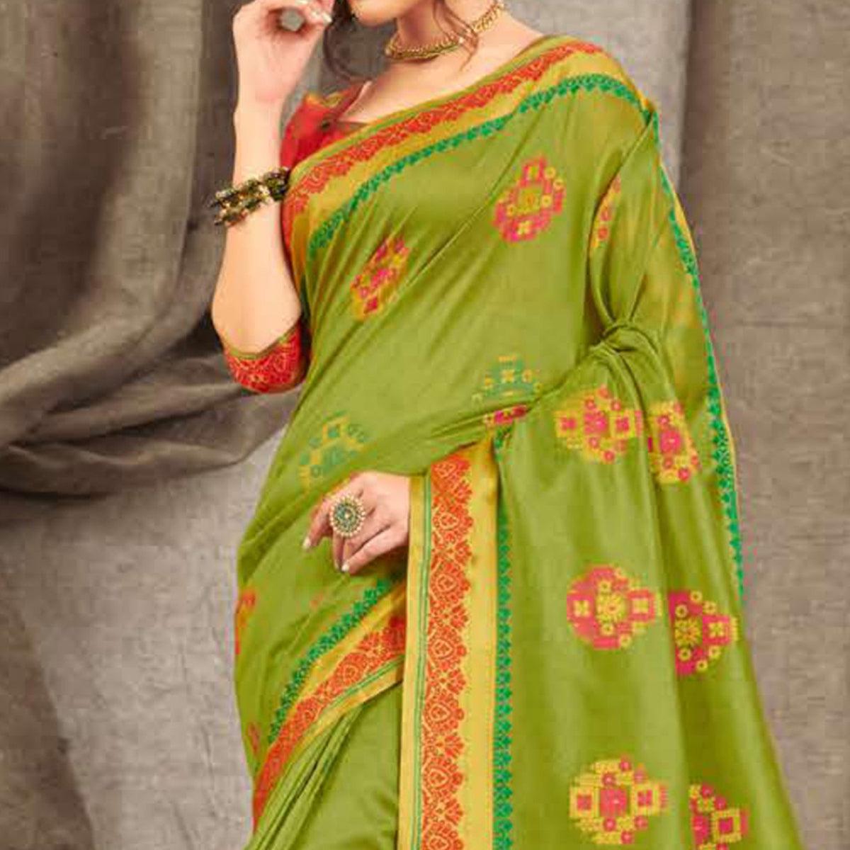 Delightful Green Colored Festive Wear Woven Cotton Handloom Saree - Peachmode