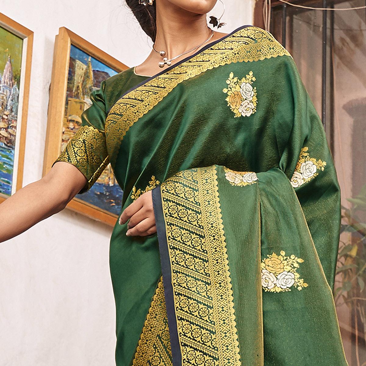 Delightful Green Colored Festive Wear Woven Soft Silk Saree - Peachmode