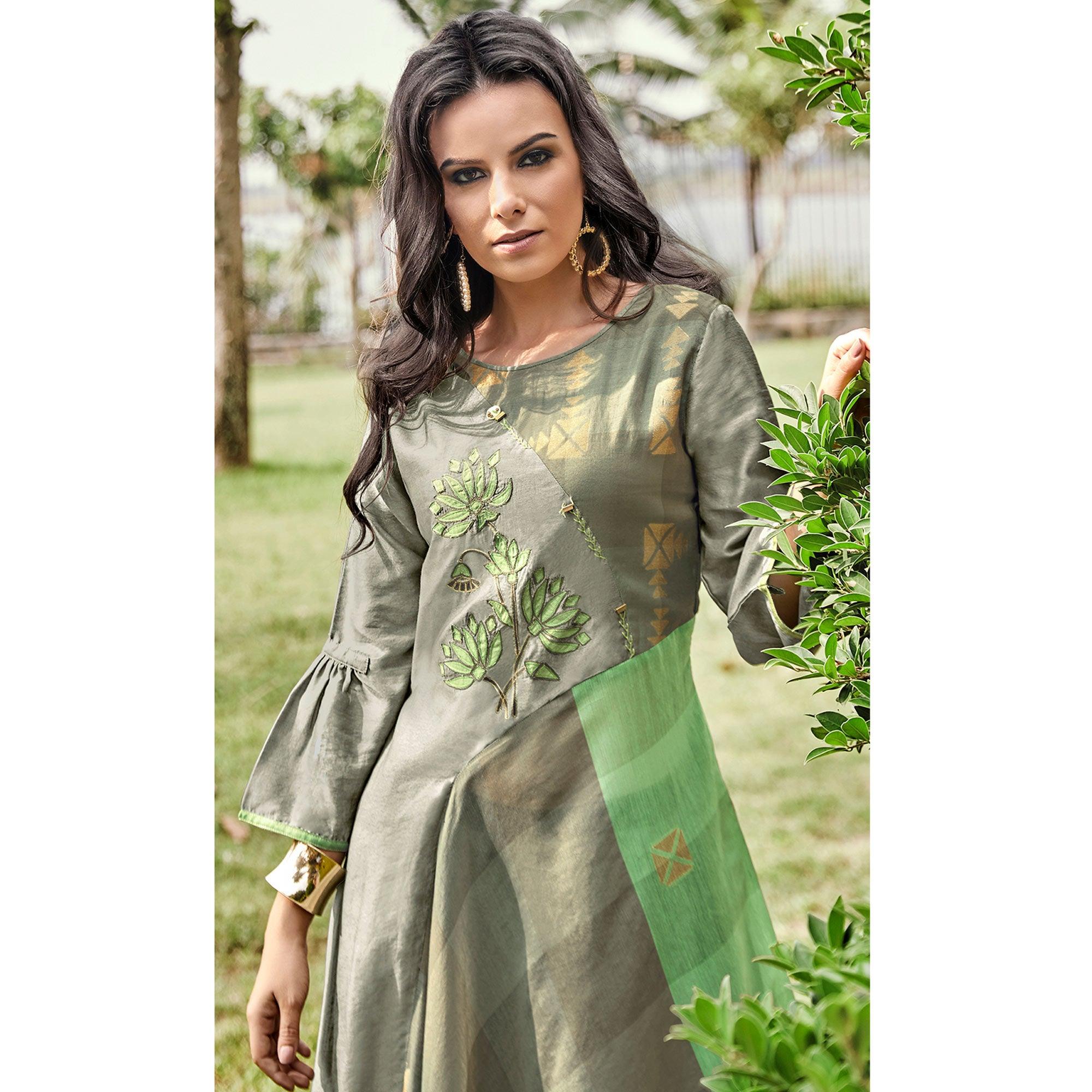 Delightful Grey Colored Party Wear Printed Modal-Jacquard Long Kurti - Peachmode