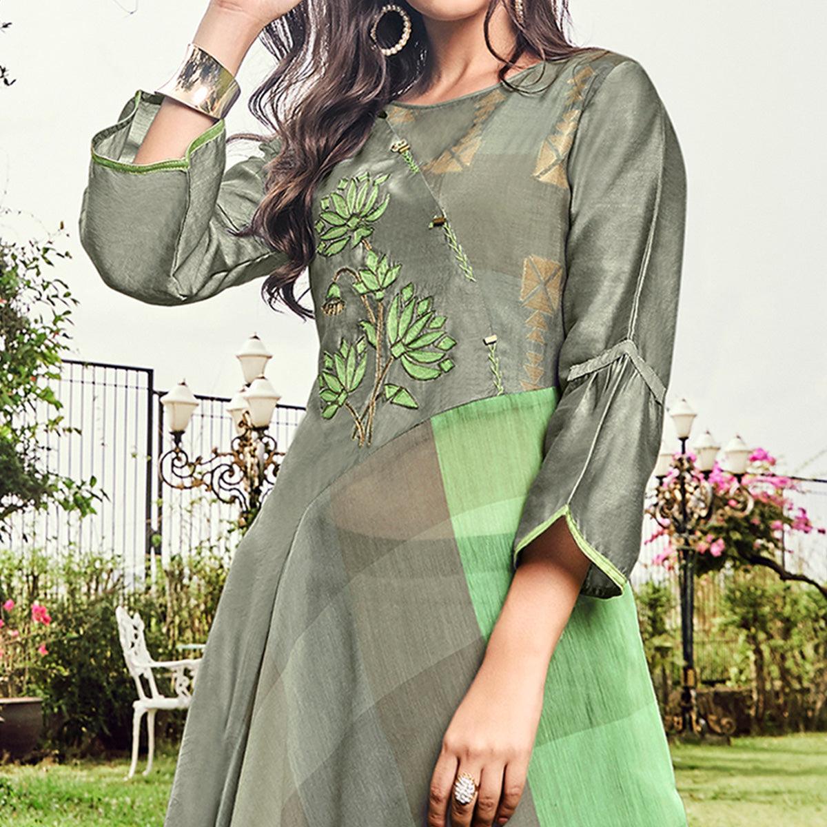 Delightful Grey Colored Party Wear Printed Modal-Jacquard Long Kurti - Peachmode