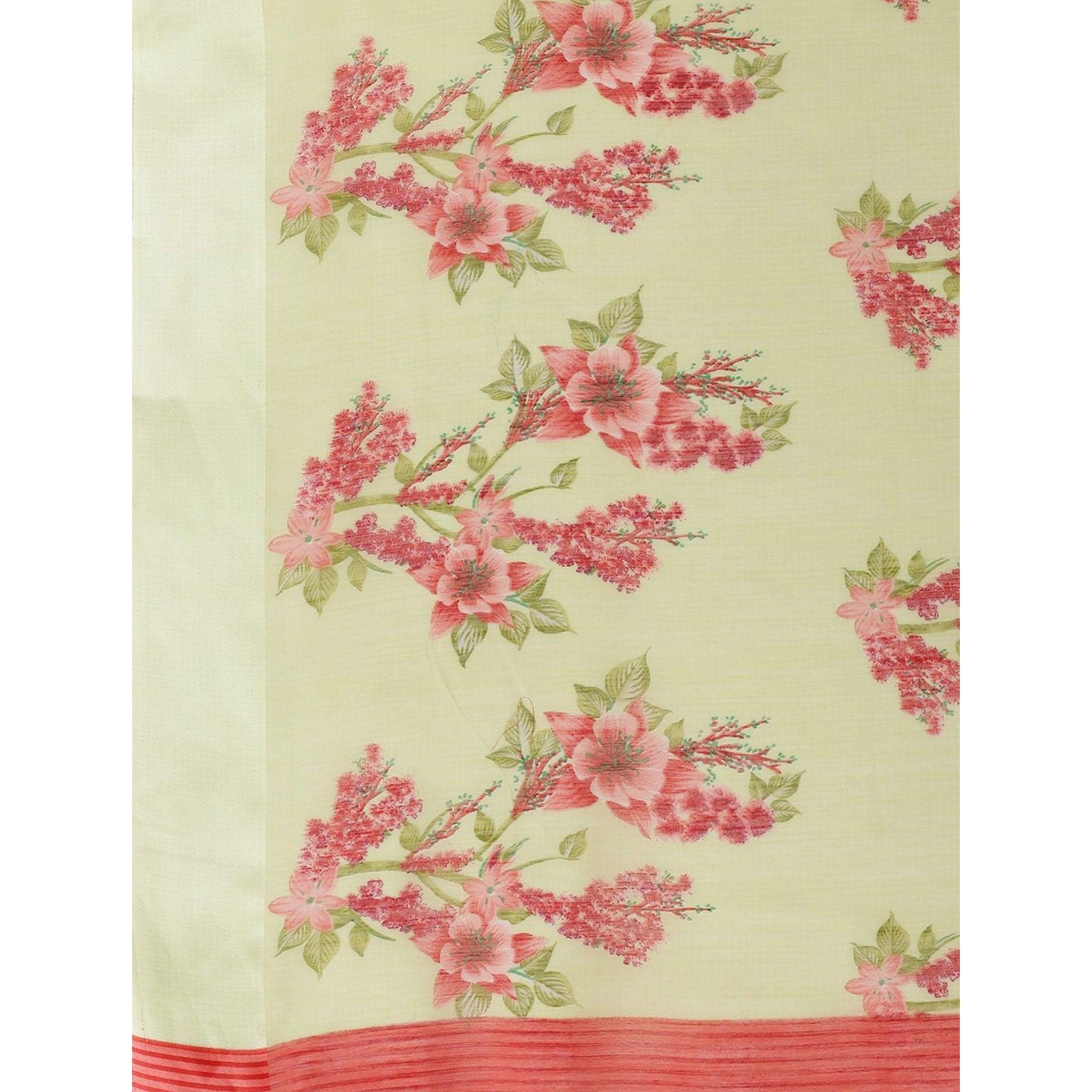 Delightful Light Green Colored Casual Wear Printed Cotton Blend Saree - Peachmode