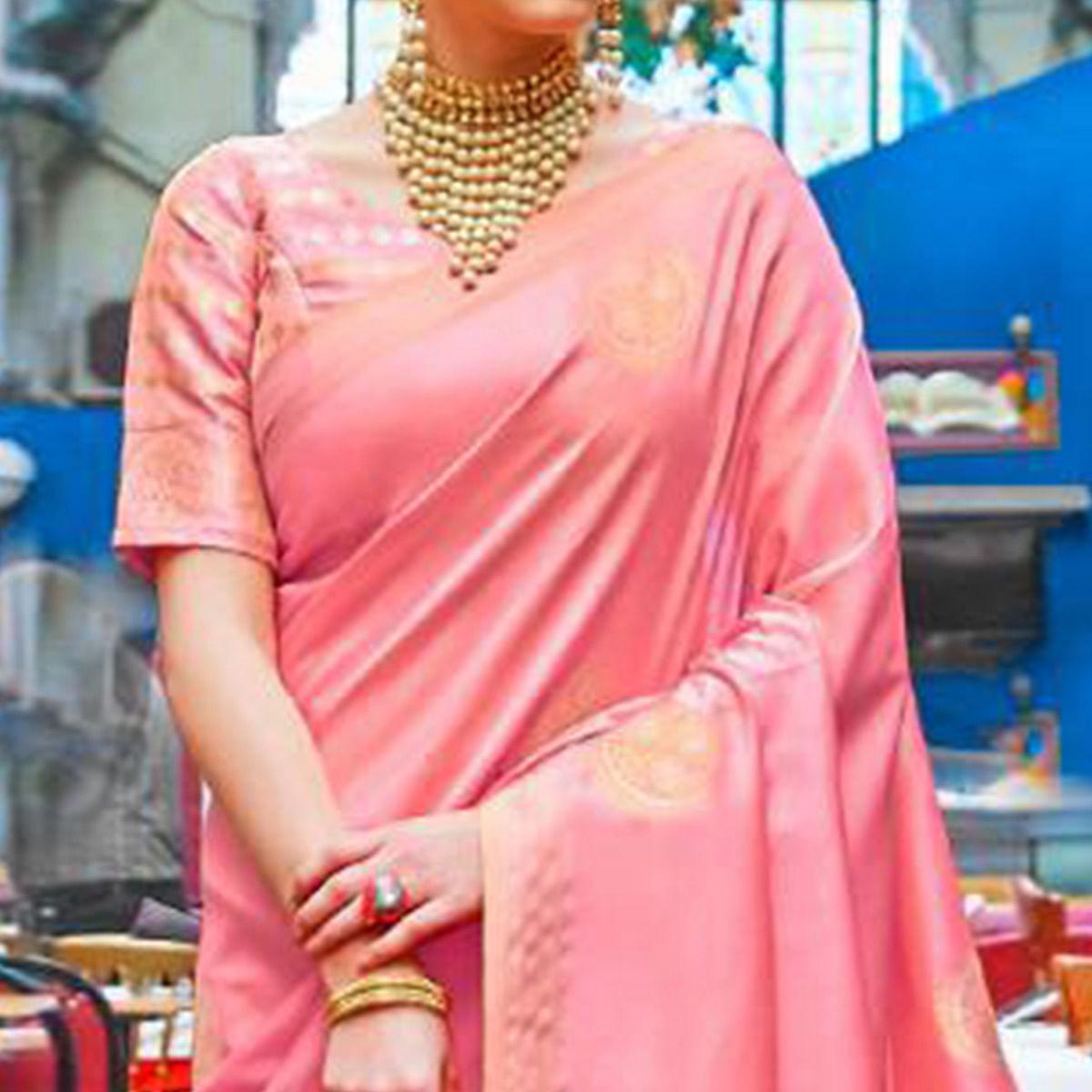 Delightful Light Pink Colored Festive Wear Woven Banarasi Silk Saree - Peachmode