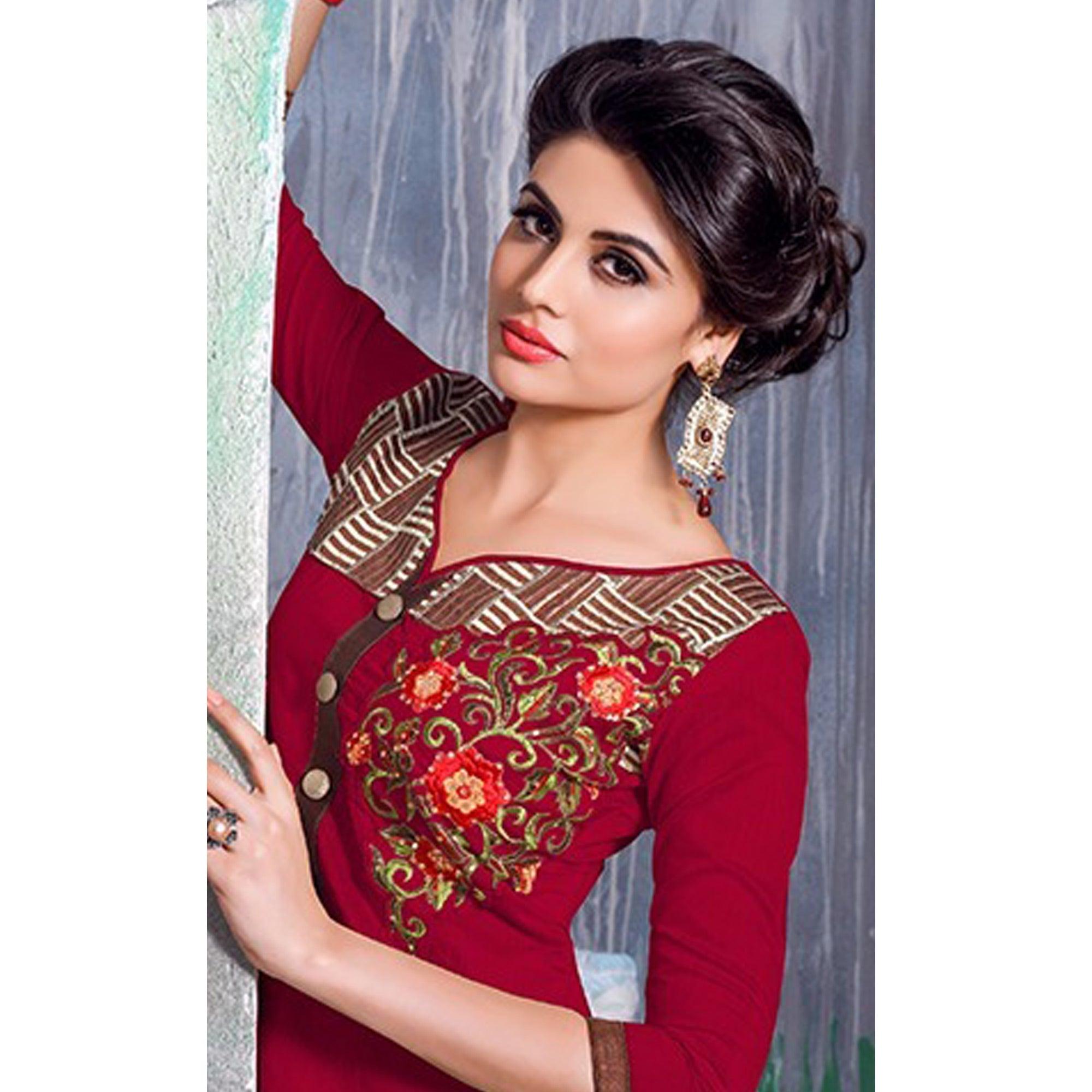 Delightful Maroon Colored Party Wear Embroidered Chanderi Dress Material - Peachmode