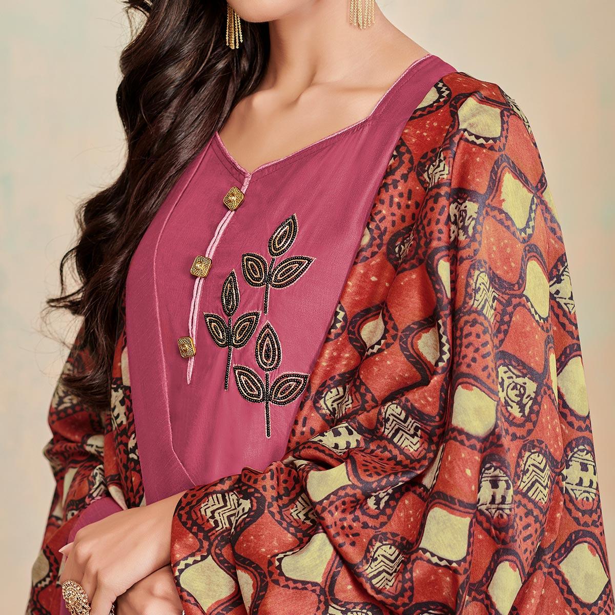 Delightful Mauve Colored Partywear Cotton Suit - Peachmode