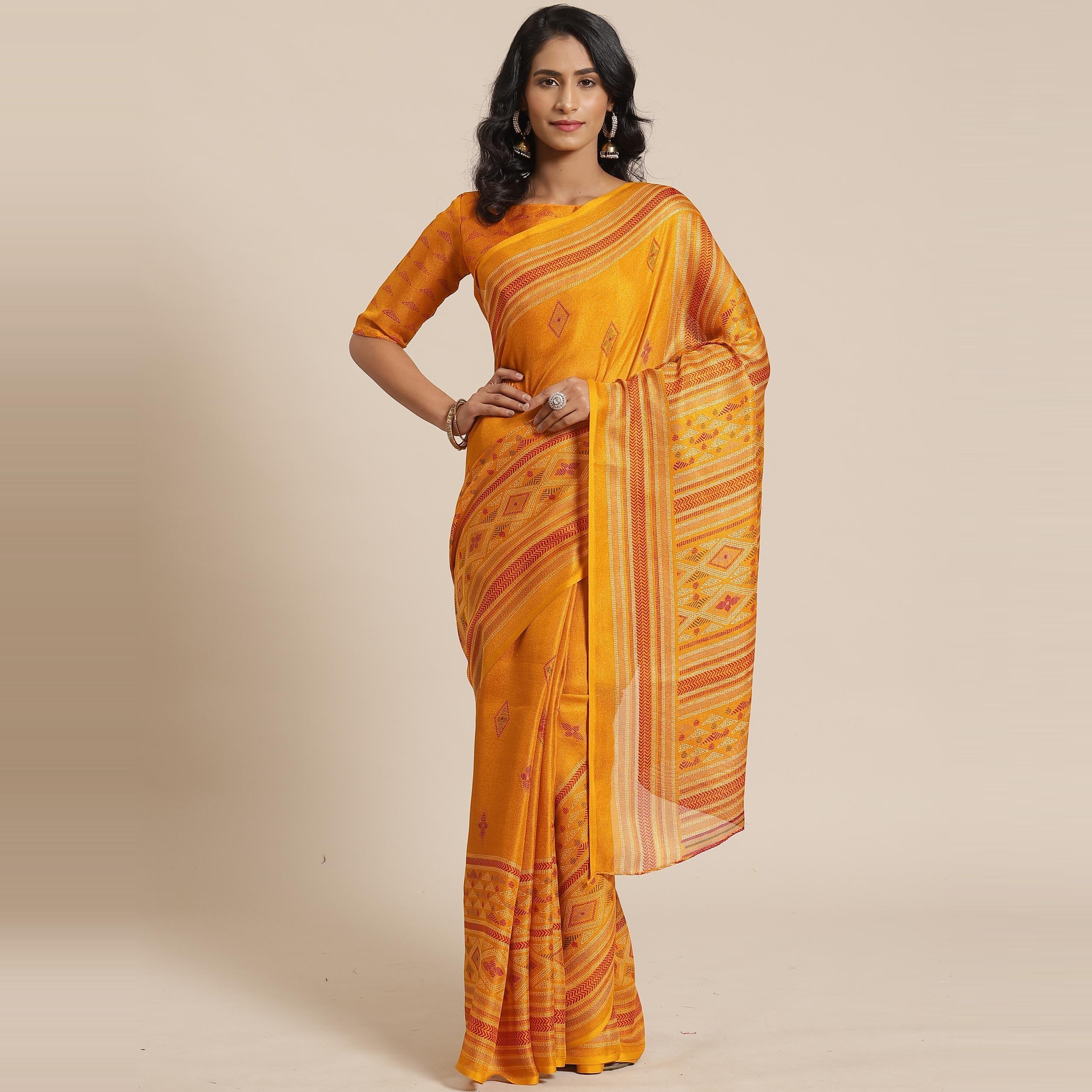 Delightful Mustard Colored Casual Wear Printed Jute Silk Saree - Peachmode