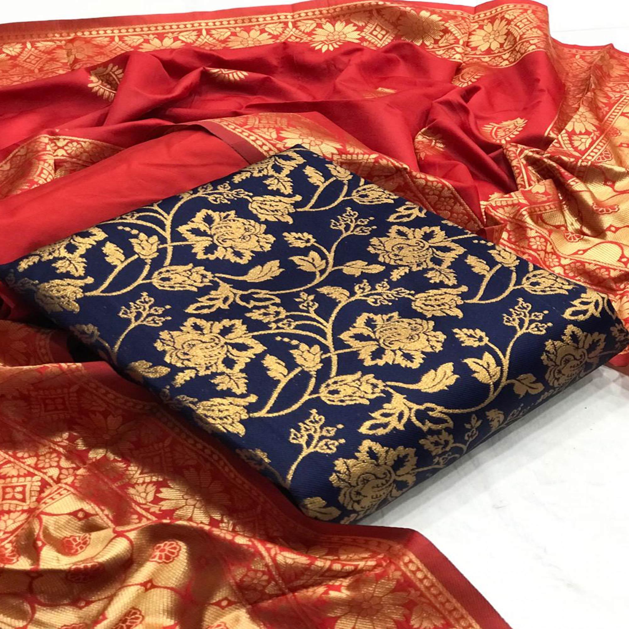 Delightful Navy Blue Colored Casual Wear Woven Banarasi Silk Dress Material - Peachmode