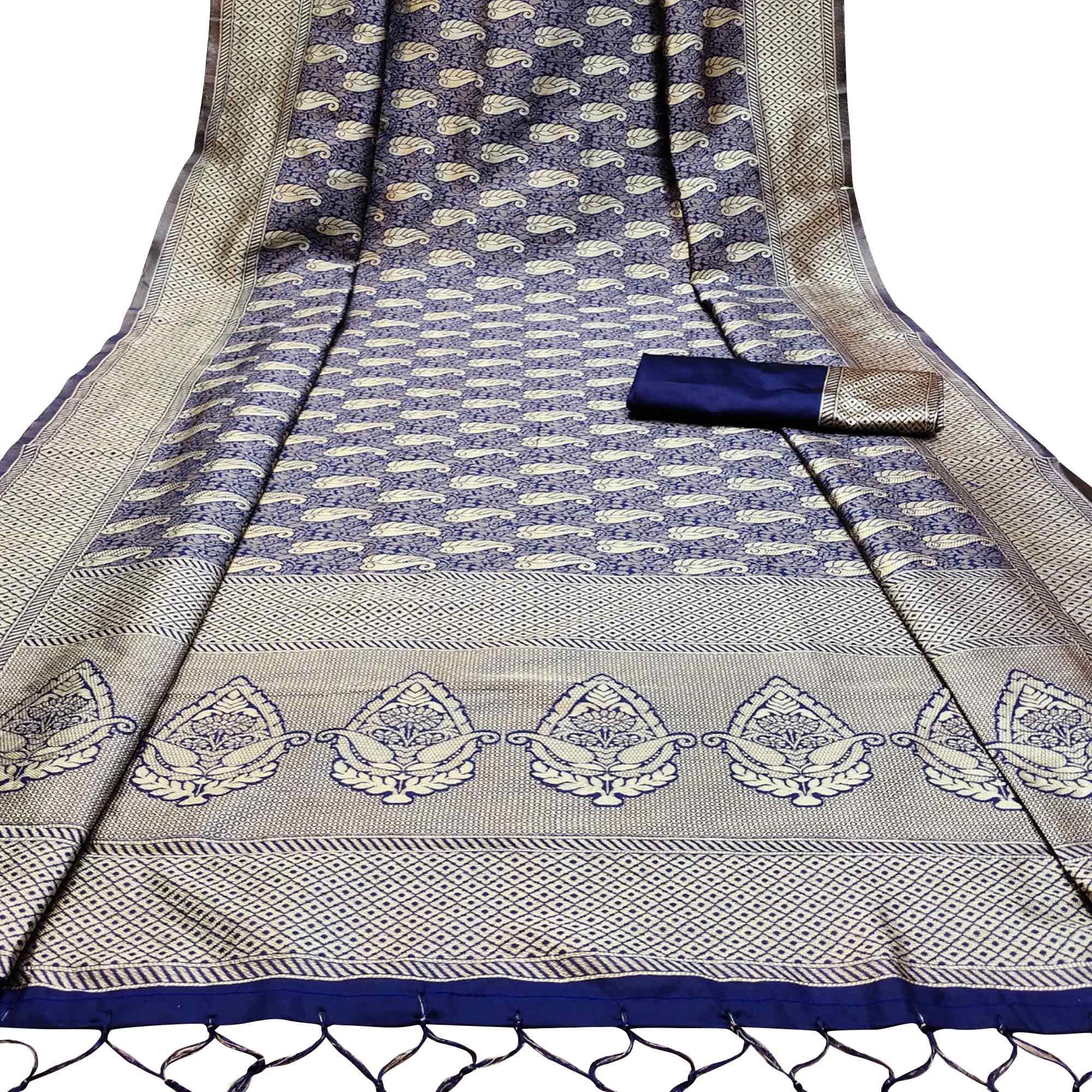 Delightful Navy Blue Colored Festive Wear Woven Banarasi Silk Saree With Tassels - Peachmode